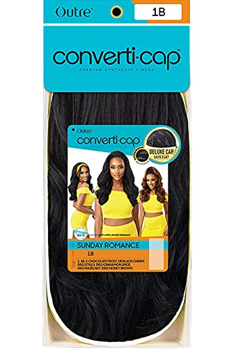 Black Converti-Cap Outre Wig Deluxe Cap Lays Flat Heat Resistant Fiber SUNDAY ROMANCE (DR2/CINSP)