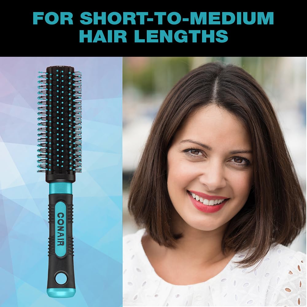 Black Conair Grip & Style Round Brush, Nylon Bristle Hair Brush for Blowout Styling, Ideal for Coarse, Curly, Wavy Hair, Color May Vary