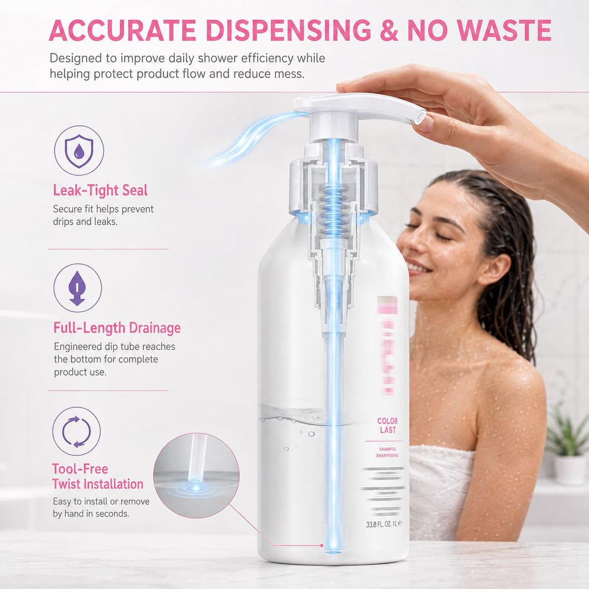 Lavender 2 Packs Pump for Biolage Shampoo and Conditioner 1L / 33.8 oz Bottle, Liter Pump for Biolage 33.8 oz Dispenser Pumps