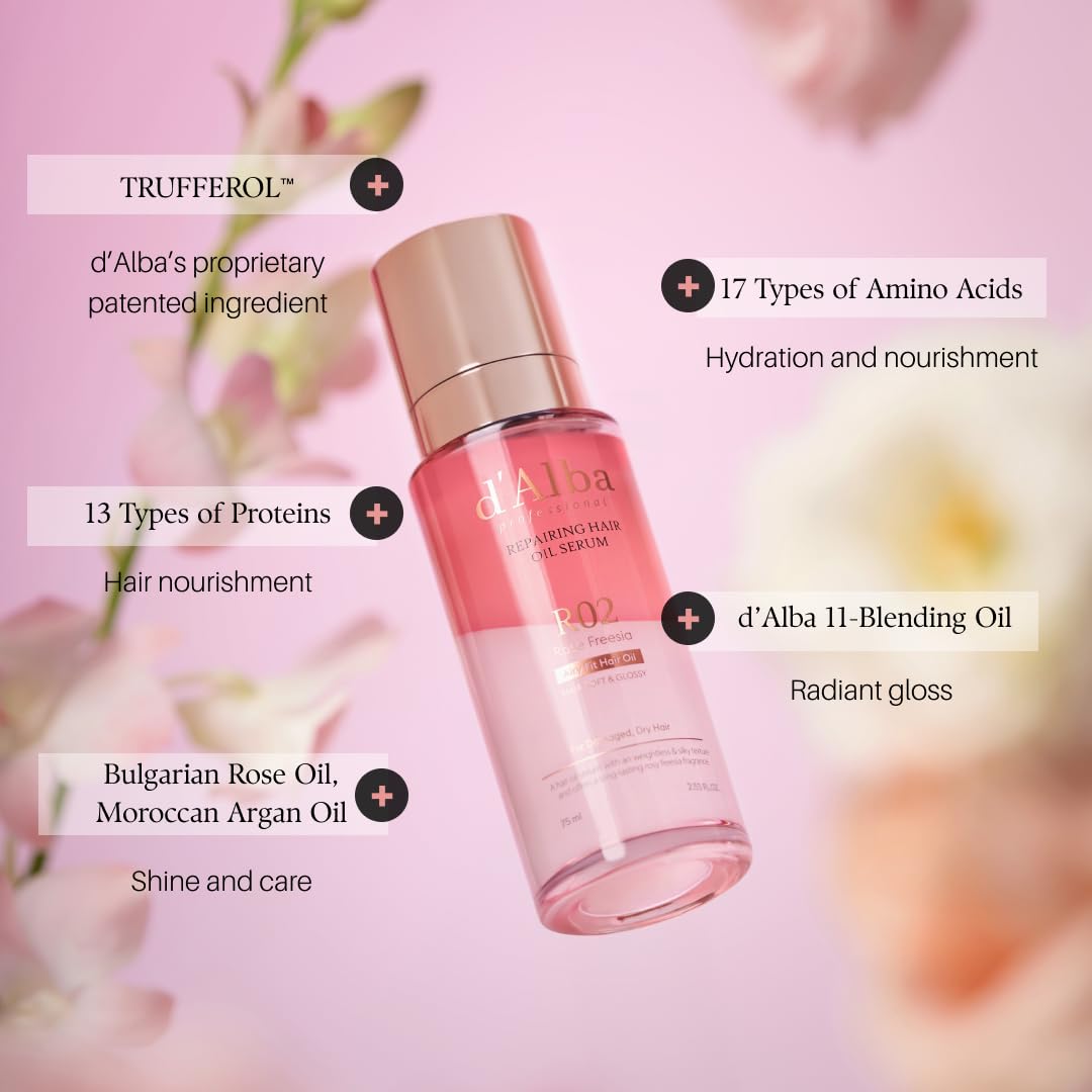 Thistle d'alba Piedmont Professional Reparing Hair Oil Serum (2.54 fl oz), Silky and Glossy Hair, Lightweight & Airy Finish, Argan Oil, Amino Acid, Protein Complex, Rose Freesia Scent