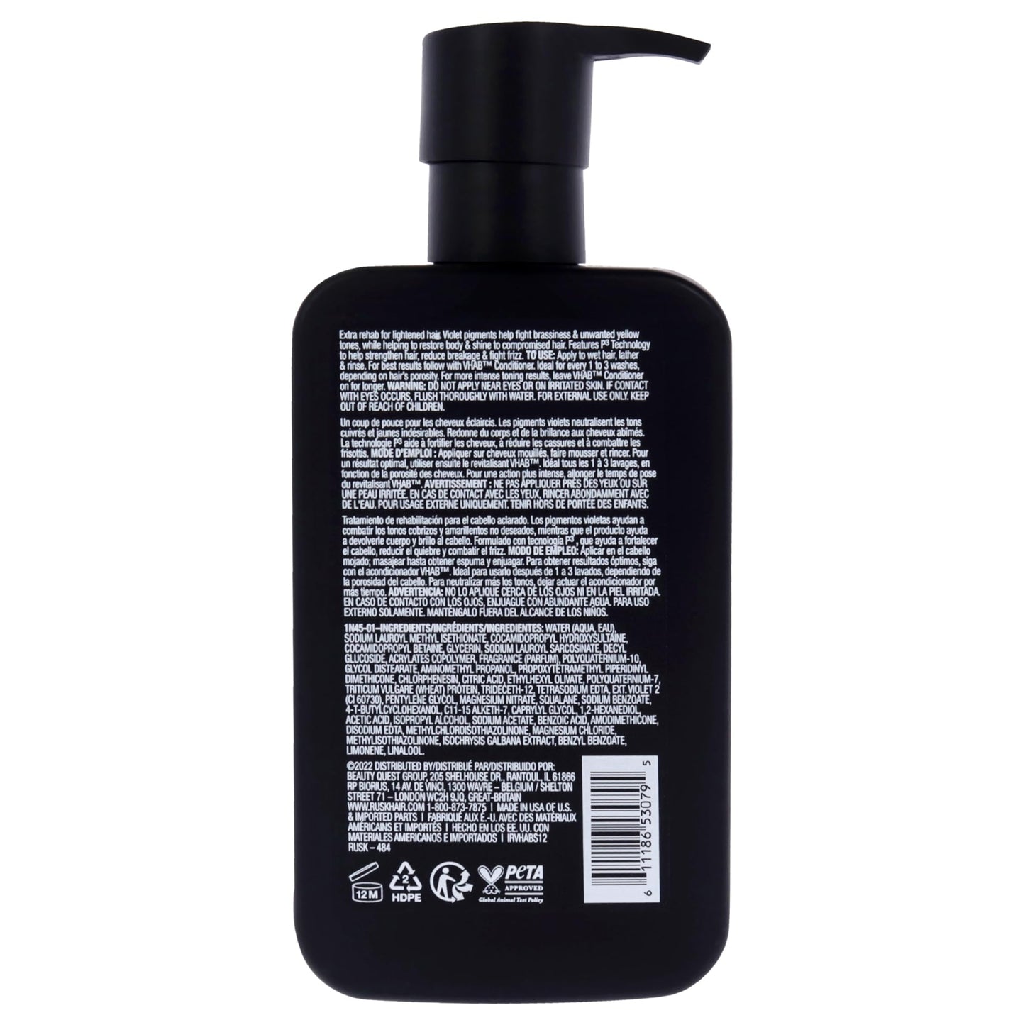 White Smoke RUSK VHAB Color Care Sulfate-Free Shampoo, Reduce Breakage, Fight Frizz, and Repair Split Ends, While Keeping Hair Blonde, 12 oz