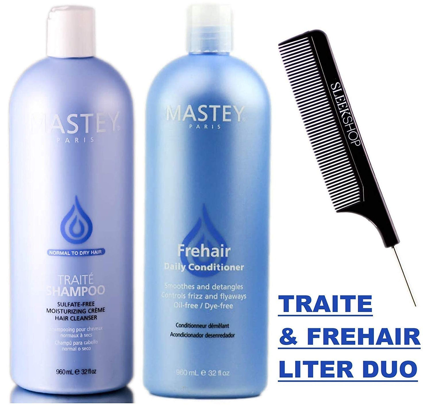 Mastey Paris TRAITE SHAMPOO & FREHAIR CONDITIONER, Sulfate-Free Cleanser & Detangler Duo Set, NORMAL TO DRY HAIR (w/Sleek Comb) (32 oz / 960 ml - LARGE LITER DUO KIT)