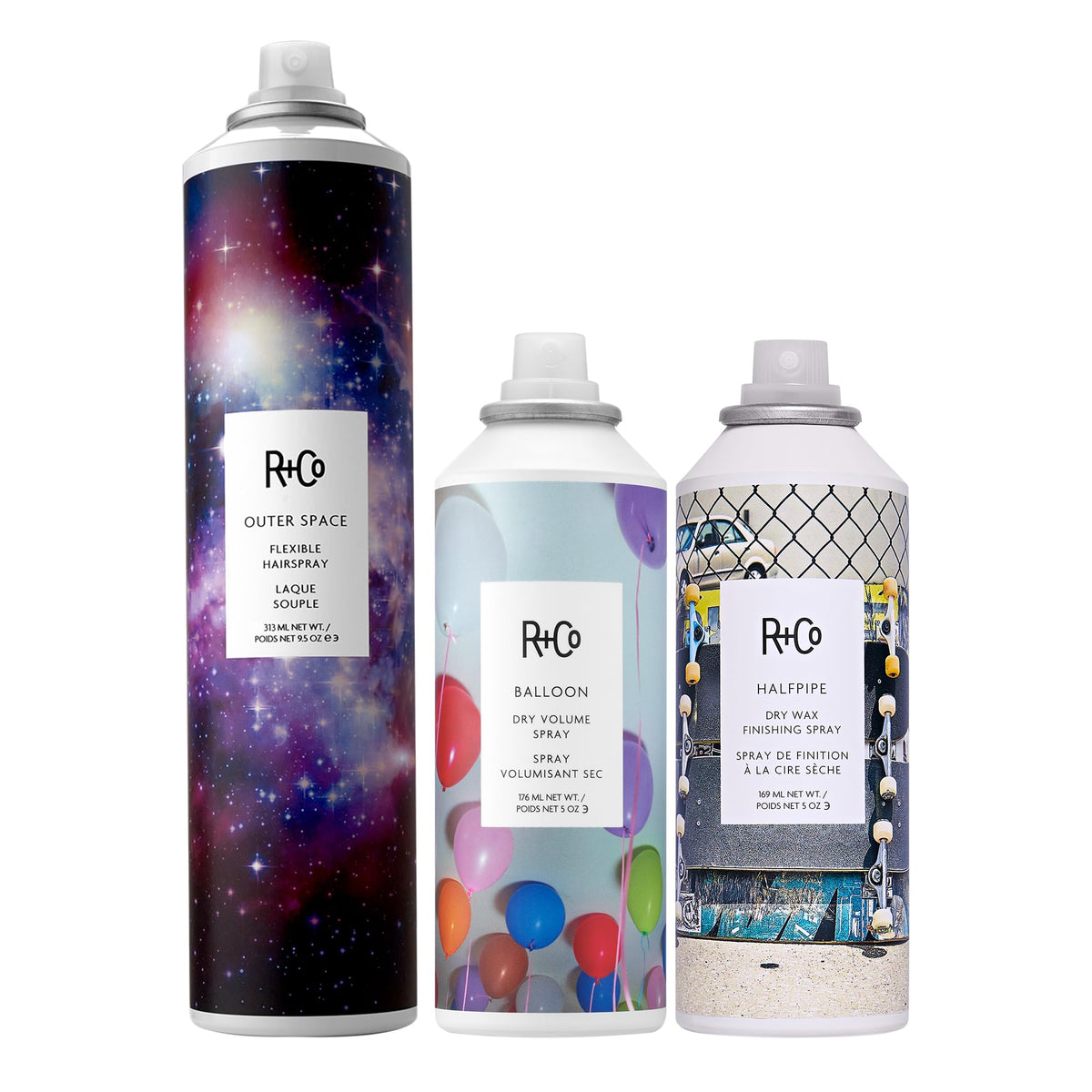 White Smoke R+Co OUTER SPACE Flexible Hairspray, BALLOON Dry Volume Spray & HALFPIPE Dry Wax Finishing Spray Bundle – Flexible Hold, Volume & Texture – Vegan & Cruelty-Free Hair Care