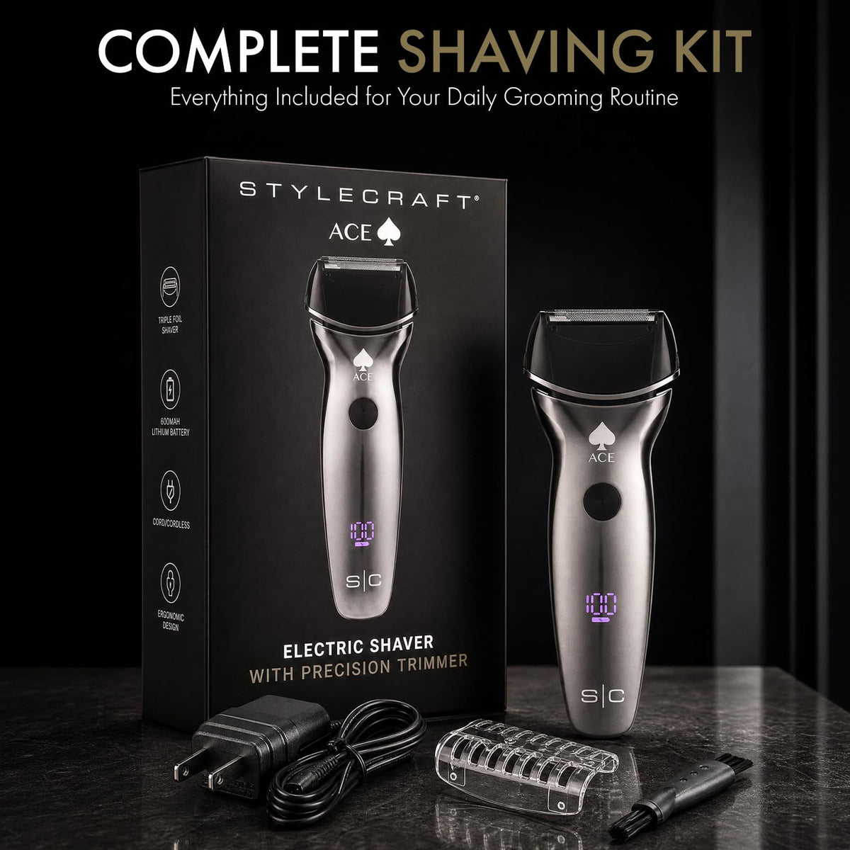 Black StyleCraft Ace Mens Electric Cordless Wet/Dry Shaver with Precision Foil Shaver, Triple Shave System with LCD Display, Smart Contour