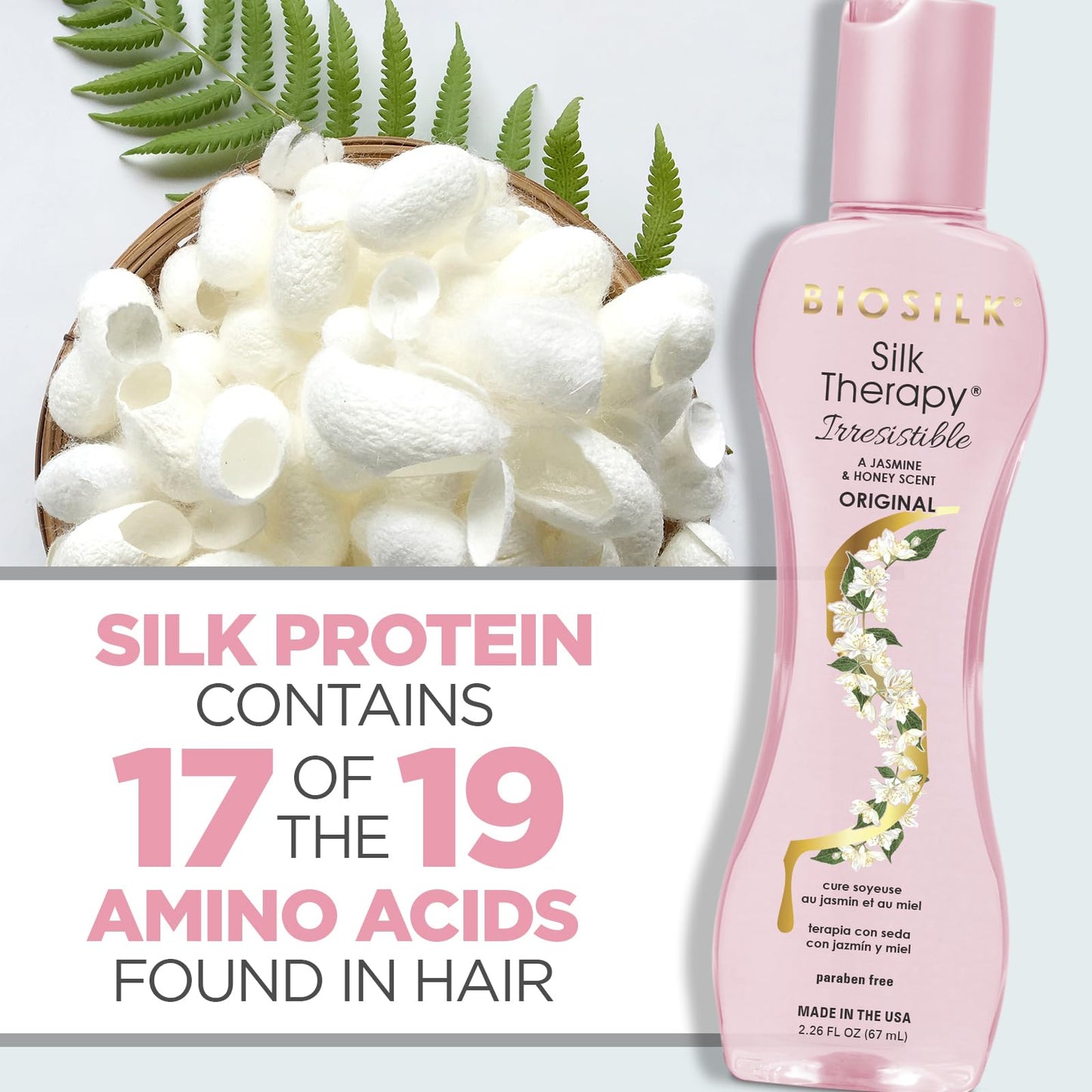 White Smoke BioSilk Irresistible Collection Silk Therapy Leave-in Treatment, For All Hair Types, Jasmine & Honey Scent, Sulfate, Paraben, & Cruelty-Free, 2.26 Oz