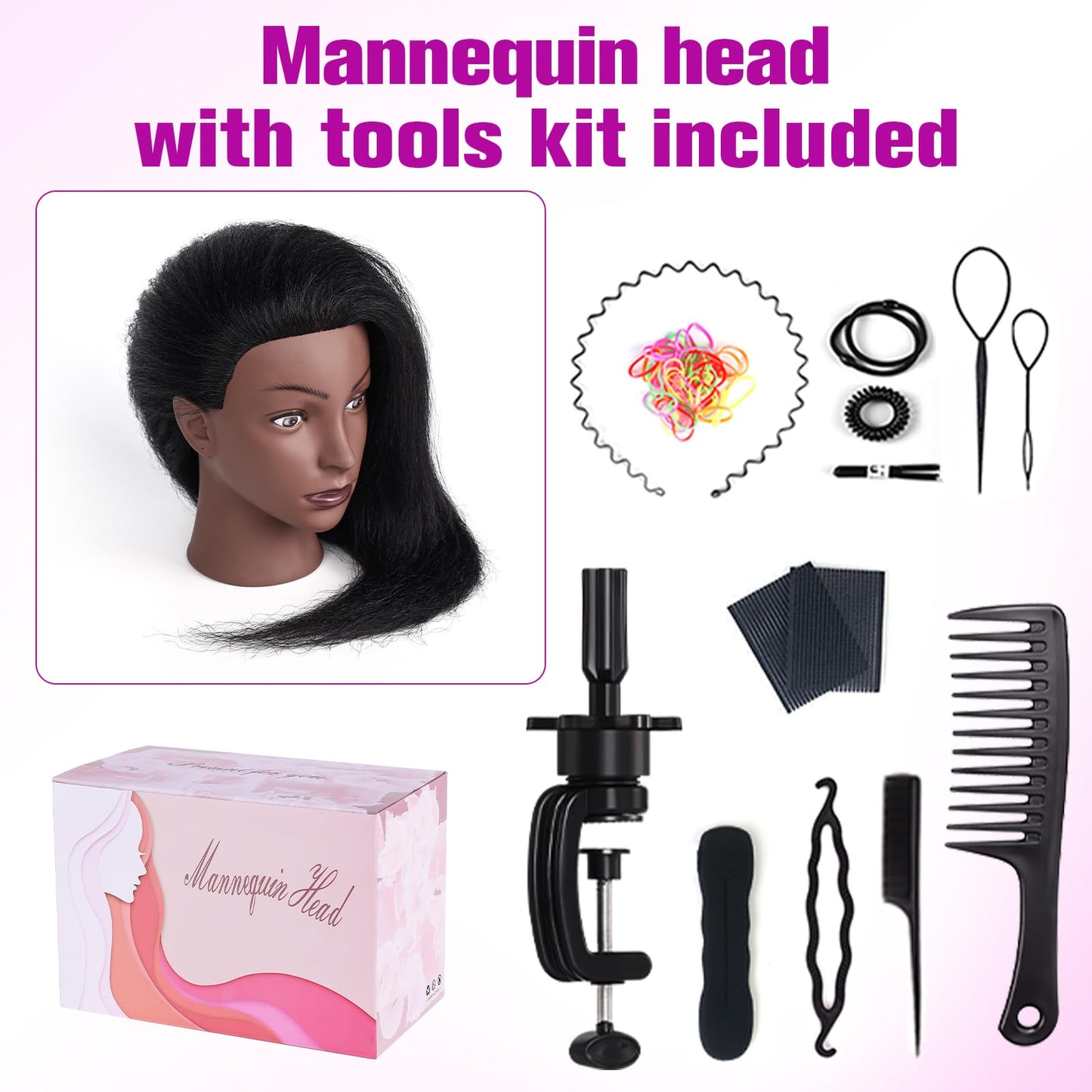 White Smoke 100% Real Hair Mannequin Head,22''Human Hair Mannequin Cosmetology Manikin Doll Head Hair Styling Hairdressing Practice Training Head with Clamp Holder and Tools(Black)
