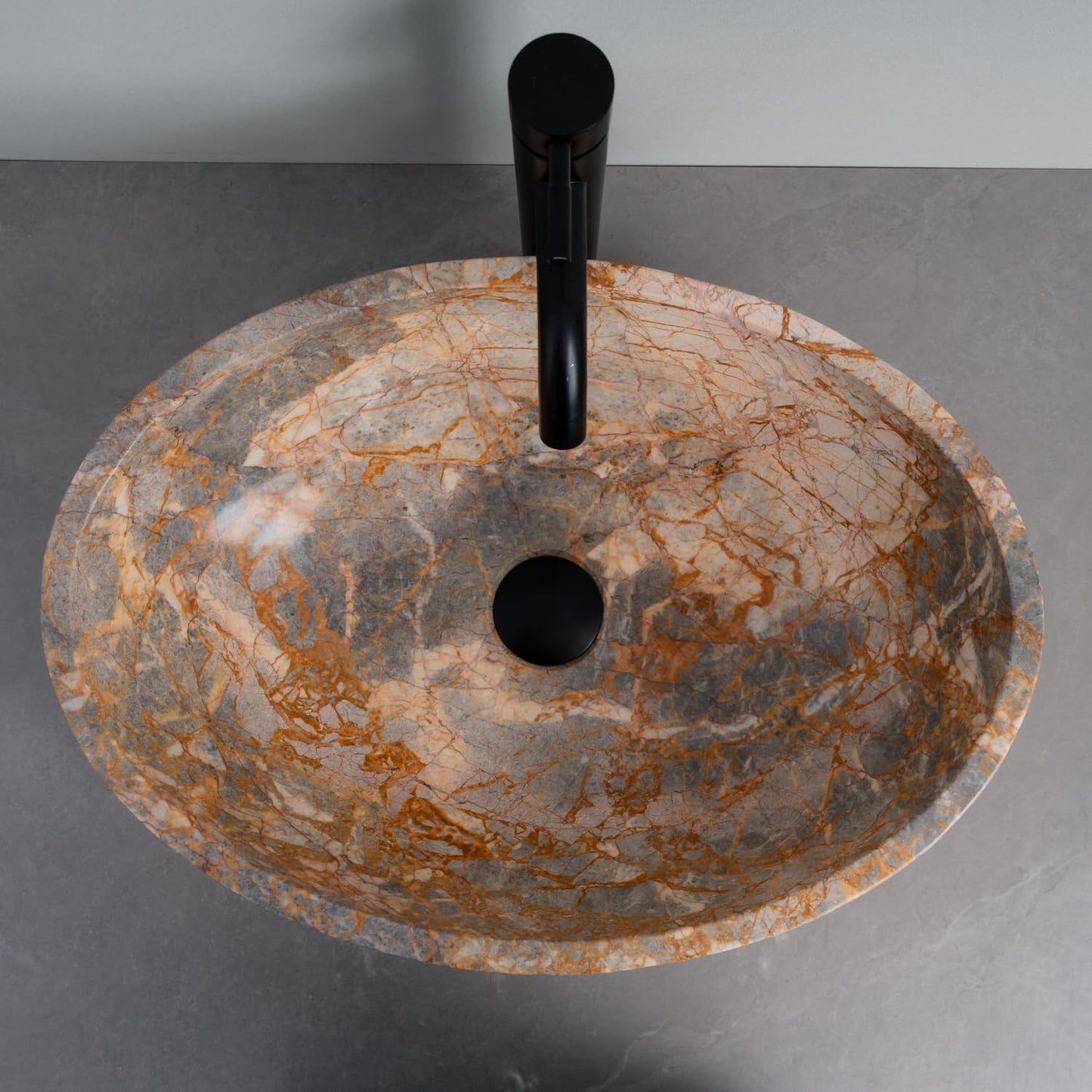Dim Gray Oval-Shaped Golden - Gray Marble Vessel Sink for Bathroom – 19" × 15" × 6"