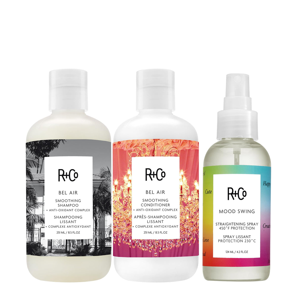 White Smoke R+Co BEL AIR Shampoo, Conditioner & HOT SPELL ThermoTech Blow Out Balm Bundle – Frizz Control, Smoothness & Heat Protection up to 450°F – Vegan & Cruelty-Free Hair Care Set