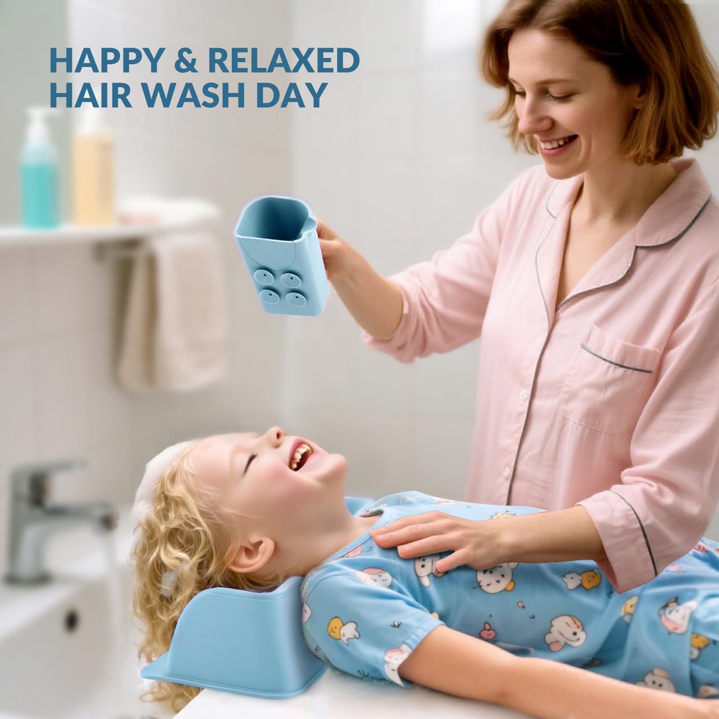 Light Gray Hair Washing Station for Kids, Portable Silicone Hair Washing Basin for Sink & Bathtub, Tear-Free Shampoo Bowl with Rinse Cup,Make Wash Day Much Easier