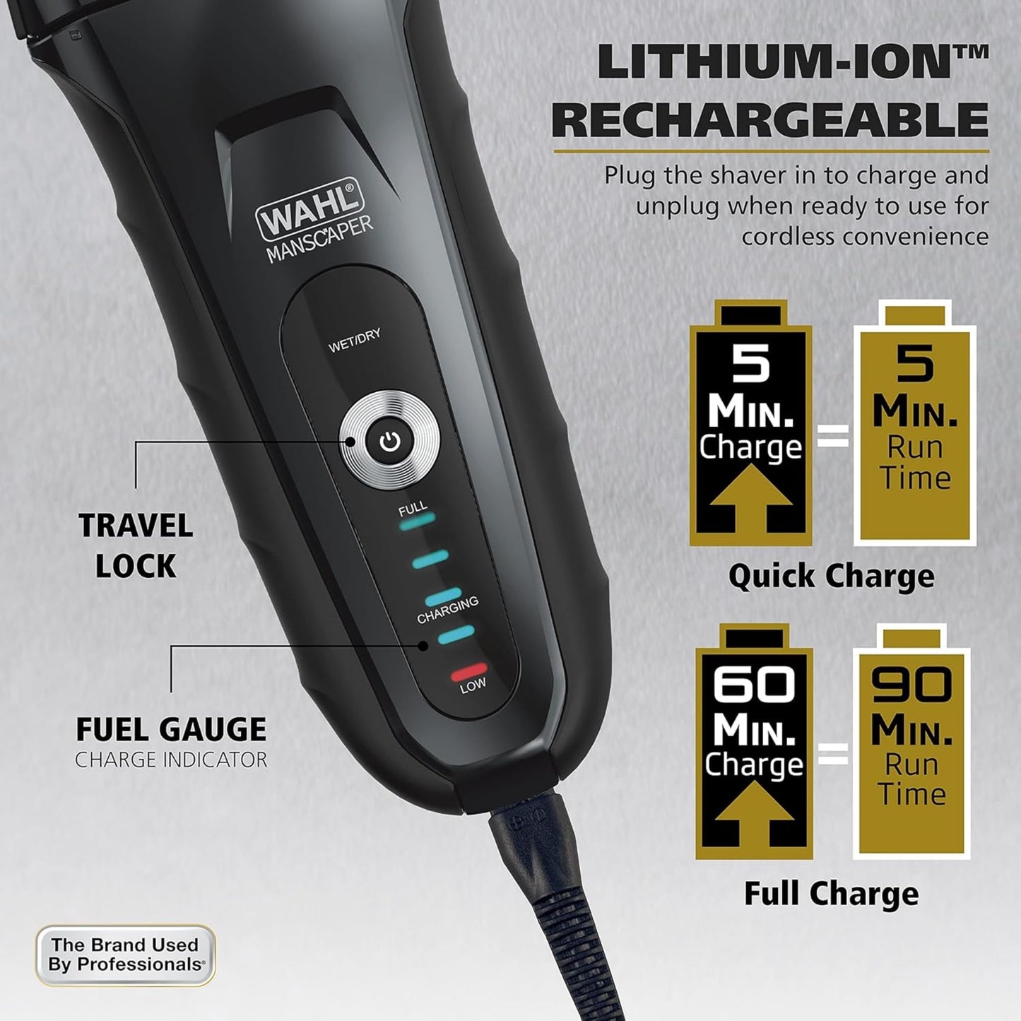 Gray Wahl Manscaper Lithium-Ion Hypoallergenic Shaver with Flexible Titanium Foils to Prevent Skin Irritation and Shaver Bumps