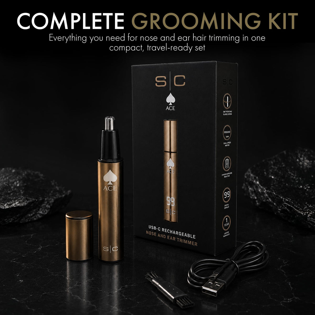Black StyleCraft Ace Ear & Nose Hair Trimmer for Men Rechargeable Up to 8,500 RPM