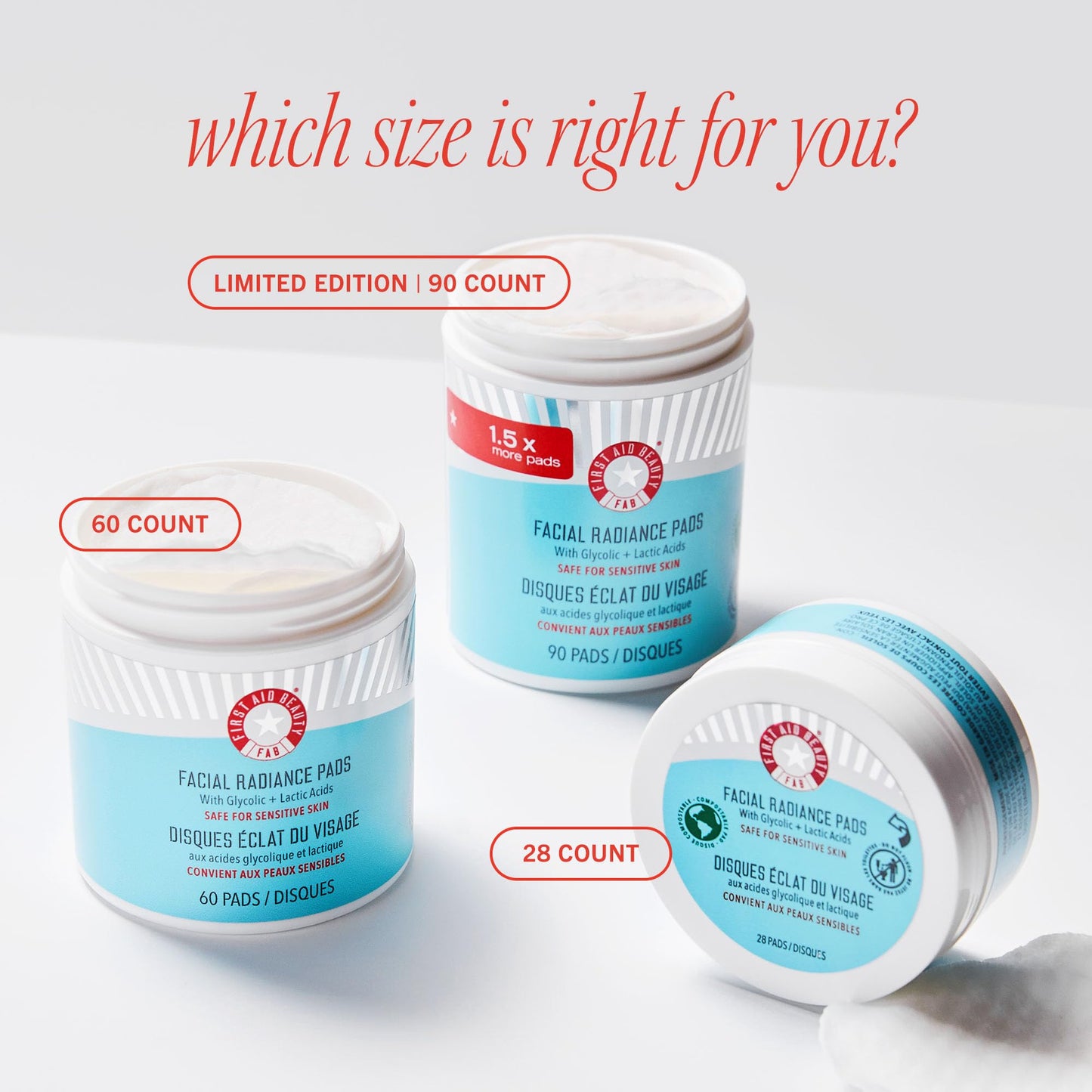 Lavender First Aid Beauty - Facial Radiance Pads with Glycolic & Lactic Acids, Daily Exfoliating Pads with AHA, Visibly Smaller Pores, Help Tone & Brighten Skin, One-Step Makeup Prep, Compostable, 28