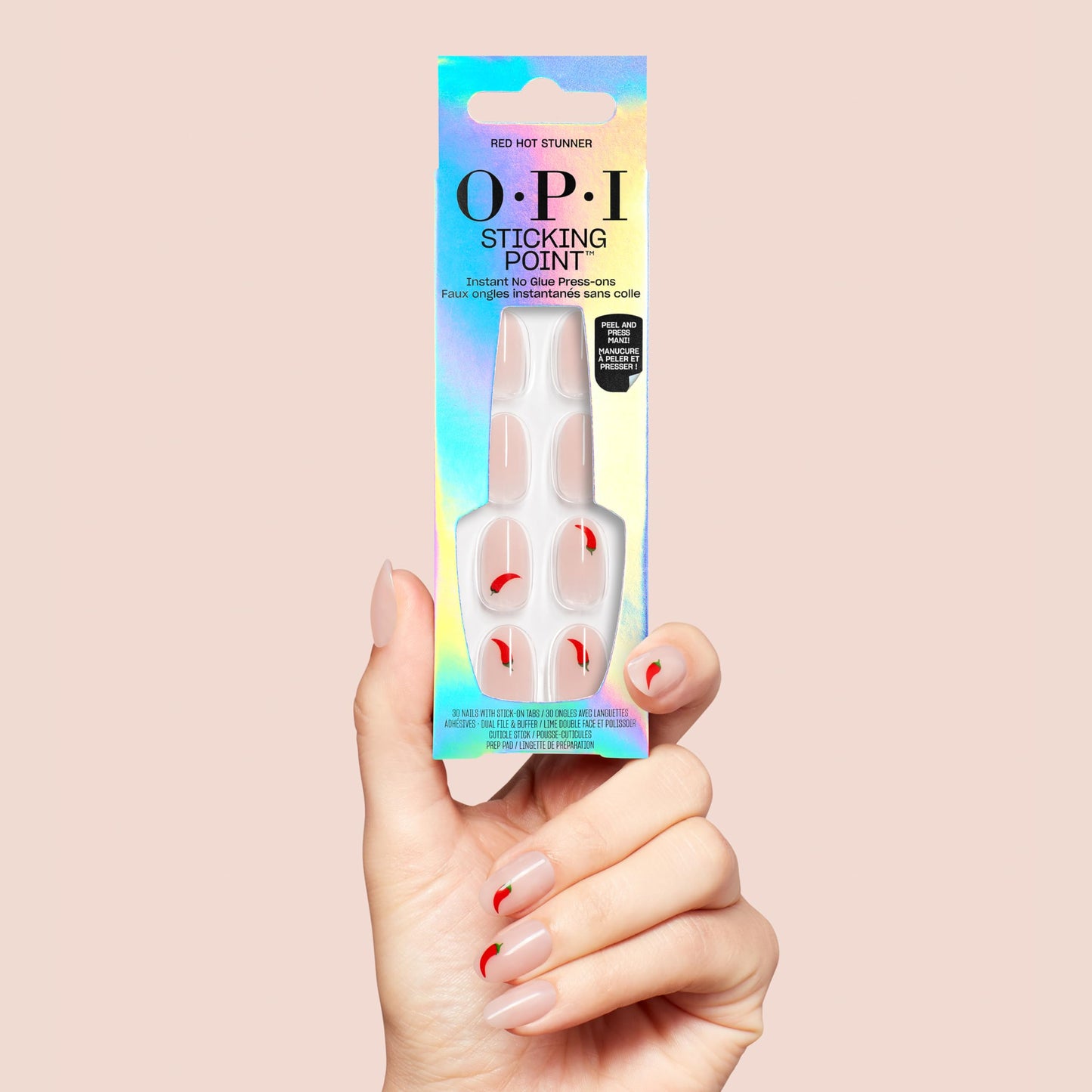 Bisque OPI Sticking Point Red Hot Stunner | Short Round Opaque Warm Neutral with Chili Pepper Nail Art Instant No Glue Press On Nails | 30 Count with Adhesive Tabs | Damage-Free Wear | Spring 2026