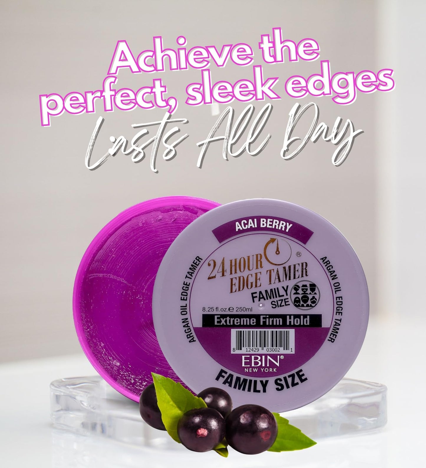 Gray 24 Hour Argan Oil Edge Tamer Refresh (8.25oz/ 250ml, Acai Berry) | Extreme Firm Hold, Smooths & Tames Frizz | No Flaking or Drying | High Shine, Long Lasting, All Hair Types, Styling Gel.