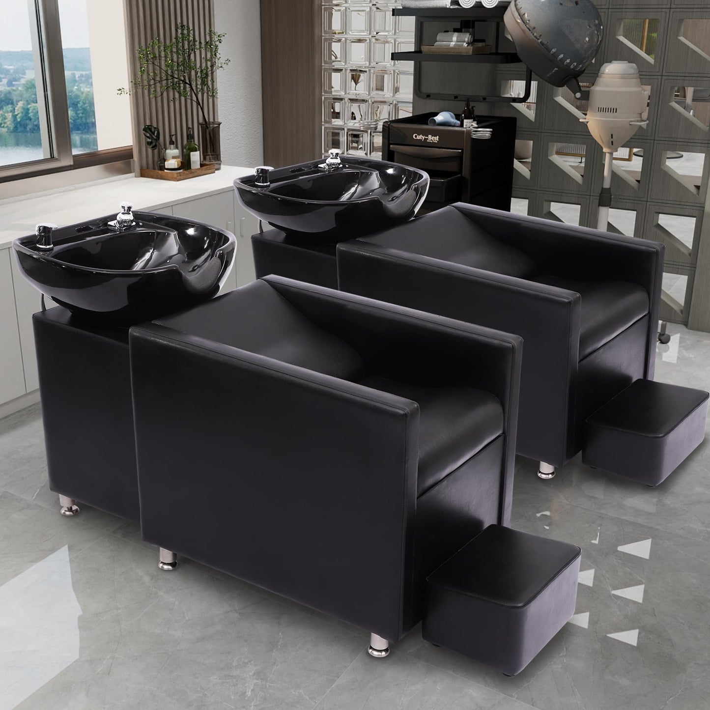 Dark Slate Gray KIGOTY Shampoo Backwash Unit, Shampoo Bowl and Chair Set with Ceramic Sink, Reclining Shampoo Station with Footrest, Backwash Barber Chair for Salon Spa, Black
