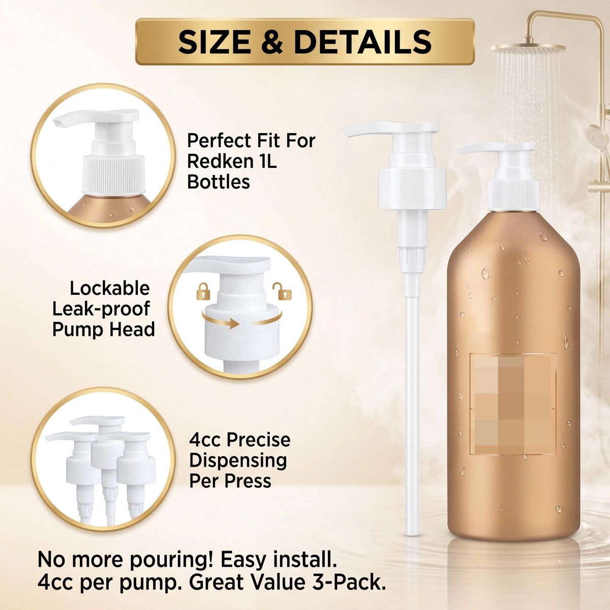 Seashell 3 Pack Shampoo/Conditioner Pump Compatible with Redken 1 L/33.8 Fl Oz Bottles, Dispensing Liter Pump for Redken Shampoo and Conditioner Bottles Replacement Pumps