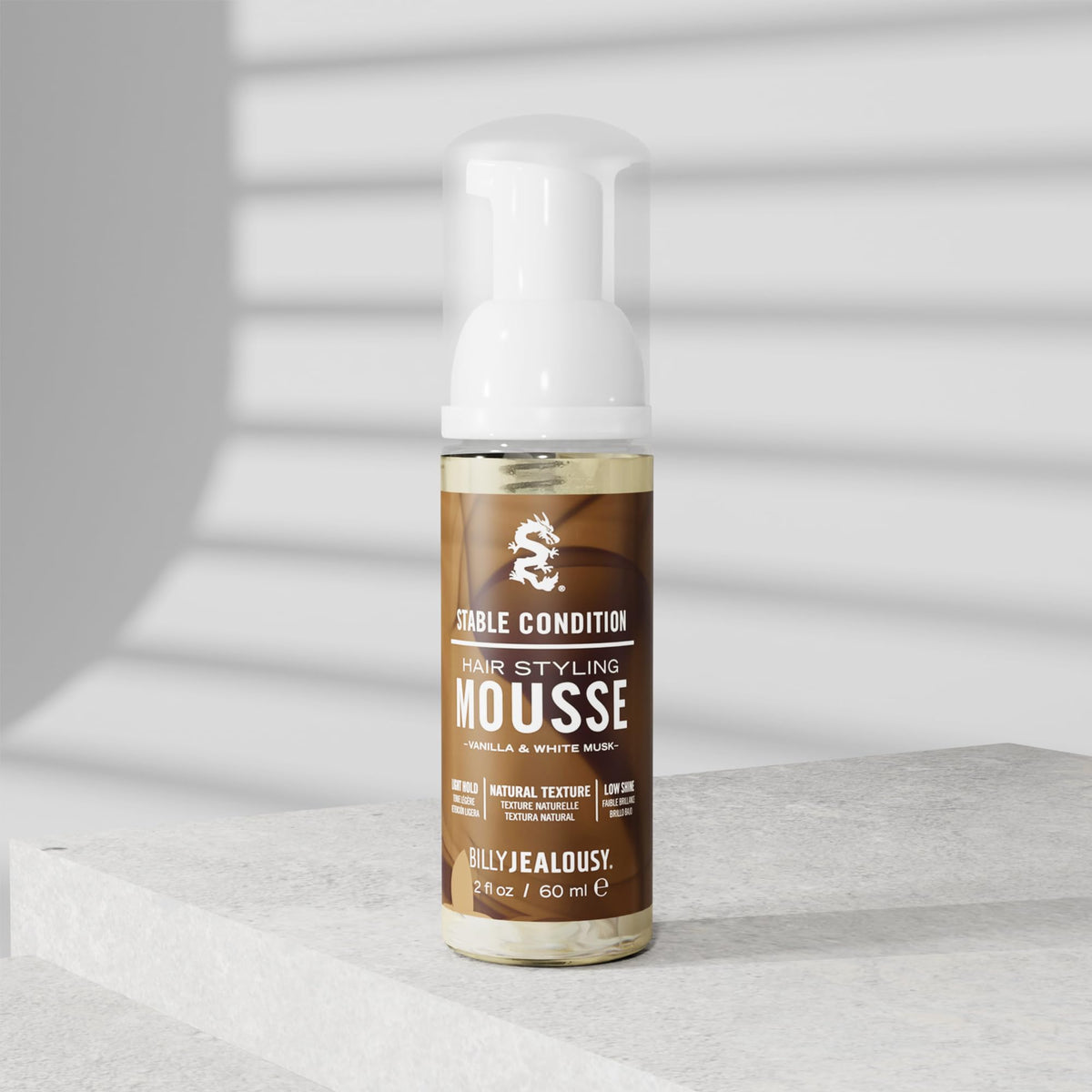 Light Gray Billy Jealousy Stable Condition Hair Styling Mousse for Men – Light Hold for Body & Lift, Frizz Control – Hydrates with Sea Moss & Kelp, Travel Size, Silicone & Residue-Free, Vegan, Vanilla White Musk