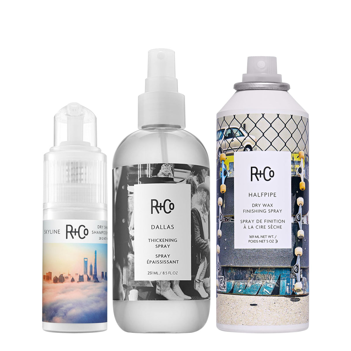 White Smoke R+Co SKYLINE Dry Shampoo Powder, DALLAS Spray + HALFPIPE Dry Wax Spray