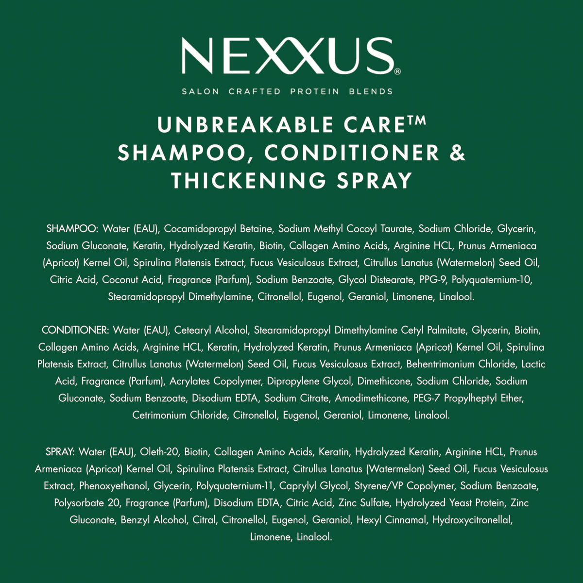 Dark Slate Gray Nexxus Unbreakable Care™ Shampoo, Conditioner, and Leave-In Spray 3 Pack