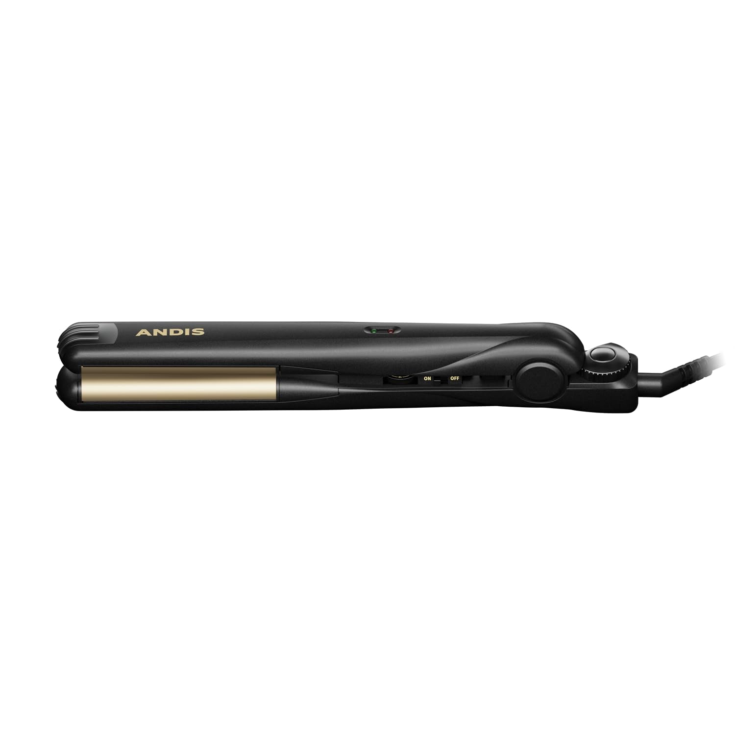 Black Andis 67695 Professional Curved Edge, 1-inch 450ºF High Heat Tourmaline Nano-Ceramic Hair Flat Iron with Dual Voltage and Auto Shut-Off - Frizz-Free Ceramic Hair Straightener - Black/Gold