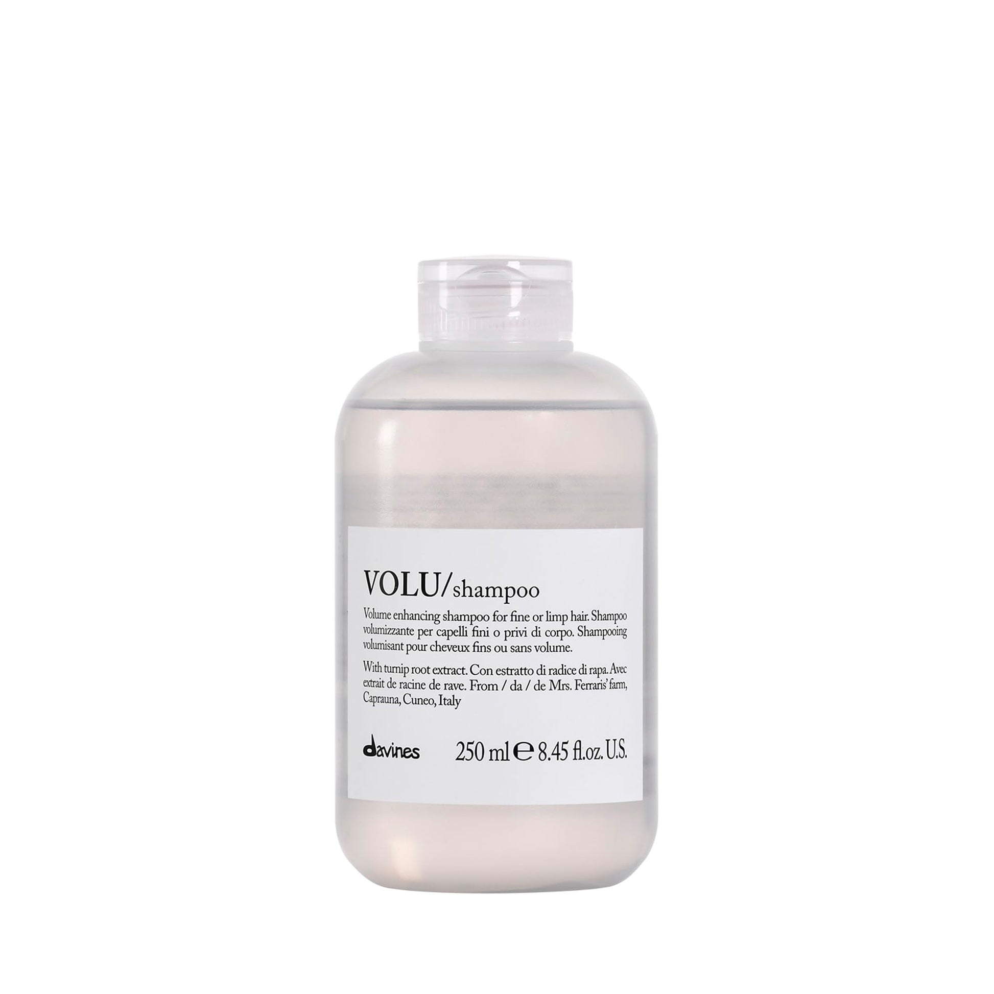 Gray Davines VOLU Shampoo, Volumizing Gentle Cleansing Action for Fine or Limp Hair - Making it Soft and Light with a Lasting Boost of Body and Volume with Turnip Root Extract, 8.45 Fl Oz