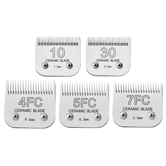 White Smoke FUHKQE Detachable Pet Clipper Blades Dog Grooming Clipper Replacement Ceramic Blades Set, Compatible with Andis, Wahl, Oster(Size 30#+10#+4FC+5FC+7FC,Cut Length0.5mm-9.5mm)