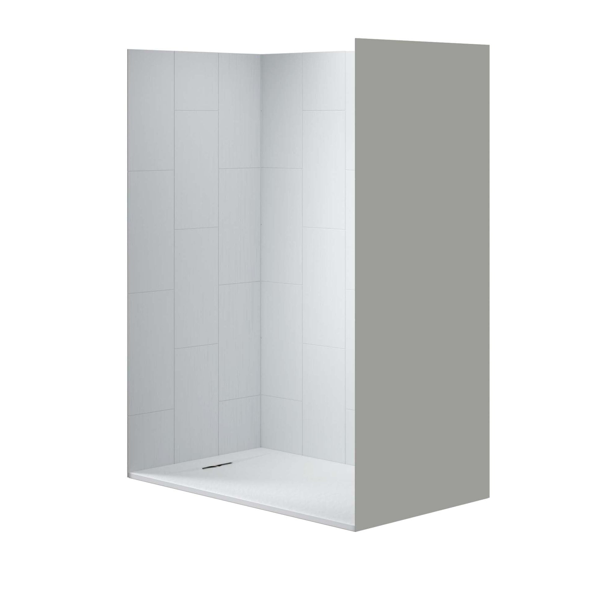 Dark Gray WOODBRIDGE 60 in. L x 36 in. W x 75 in. H Alcove Solid Surface Shower Combo Kits with Glue Up Shower Walls in Matte White and Curbless Shower Base with Reversible Drain in White