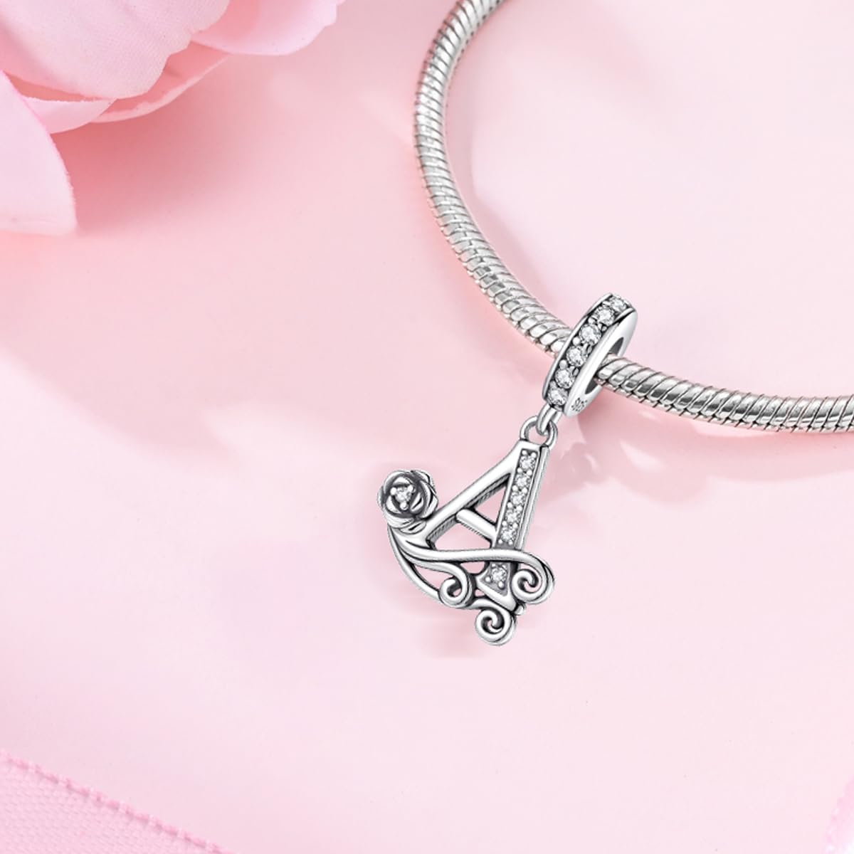 Misty Rose ChenYuTe Suitable for Pandora Bracelet Letter Charms, Romantic Rose Charms, Jewelry Gifts for Yourself, Mom, Daughter, Girlfriends
