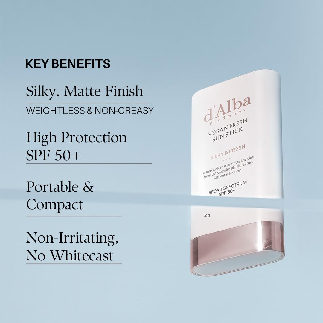 Light Gray d'alba Piedmont Air Fit Fresh Sun Stick, OTC BROAD SPECTRUM SPF 50+, Non-Sticky On-the-Go Sun Protection, Outdoor Essential Vegan Sun Stick, Silky & Fresh, Korean Skin Care (0.7 Oz.)