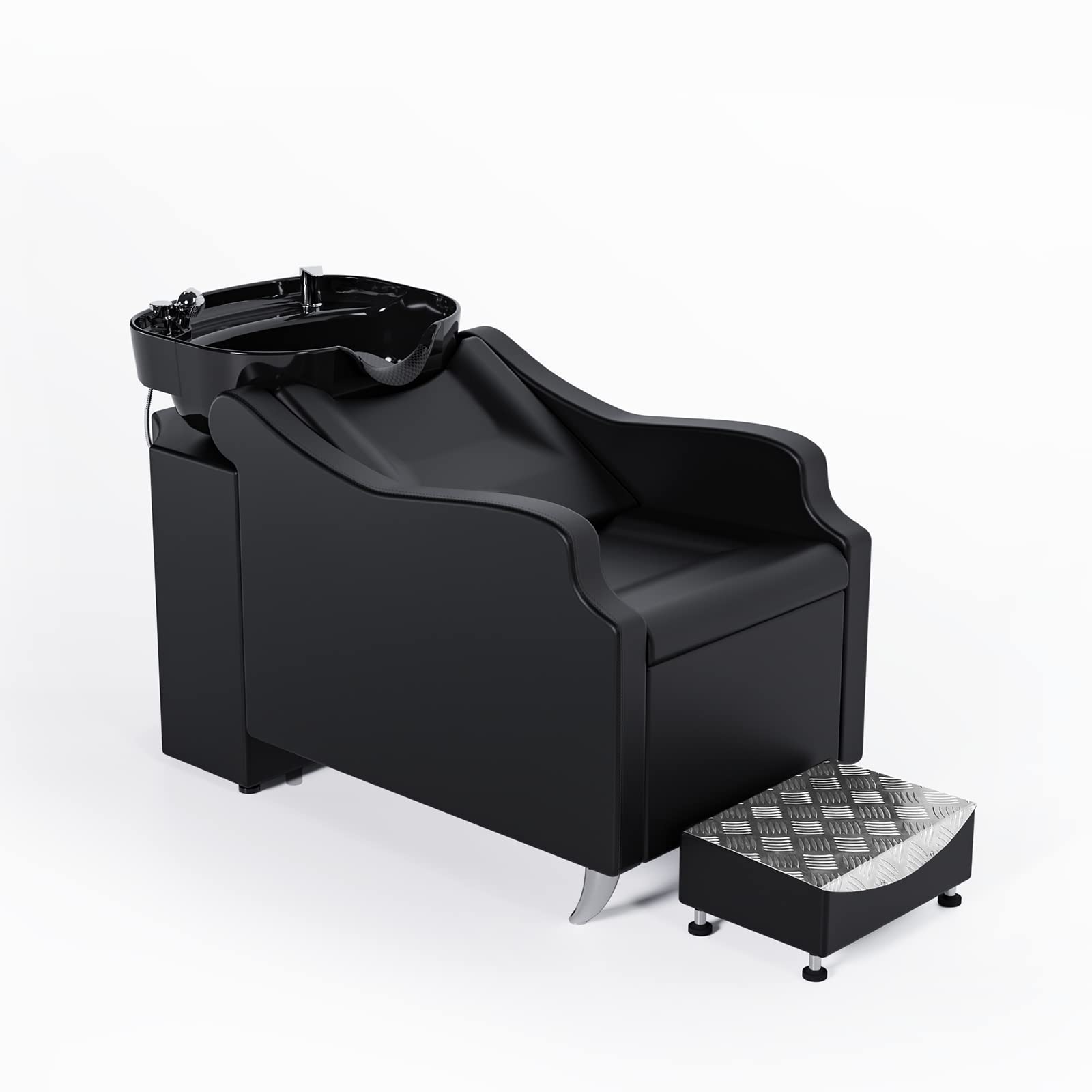 White Smoke OmySalon Shampoo Backwash Unit with Large Porcelain Bowl, Salon Sink Hair Wash Chair Shampoo Station, Barbershop Beauty Spa Massage Hairdressing Equipment