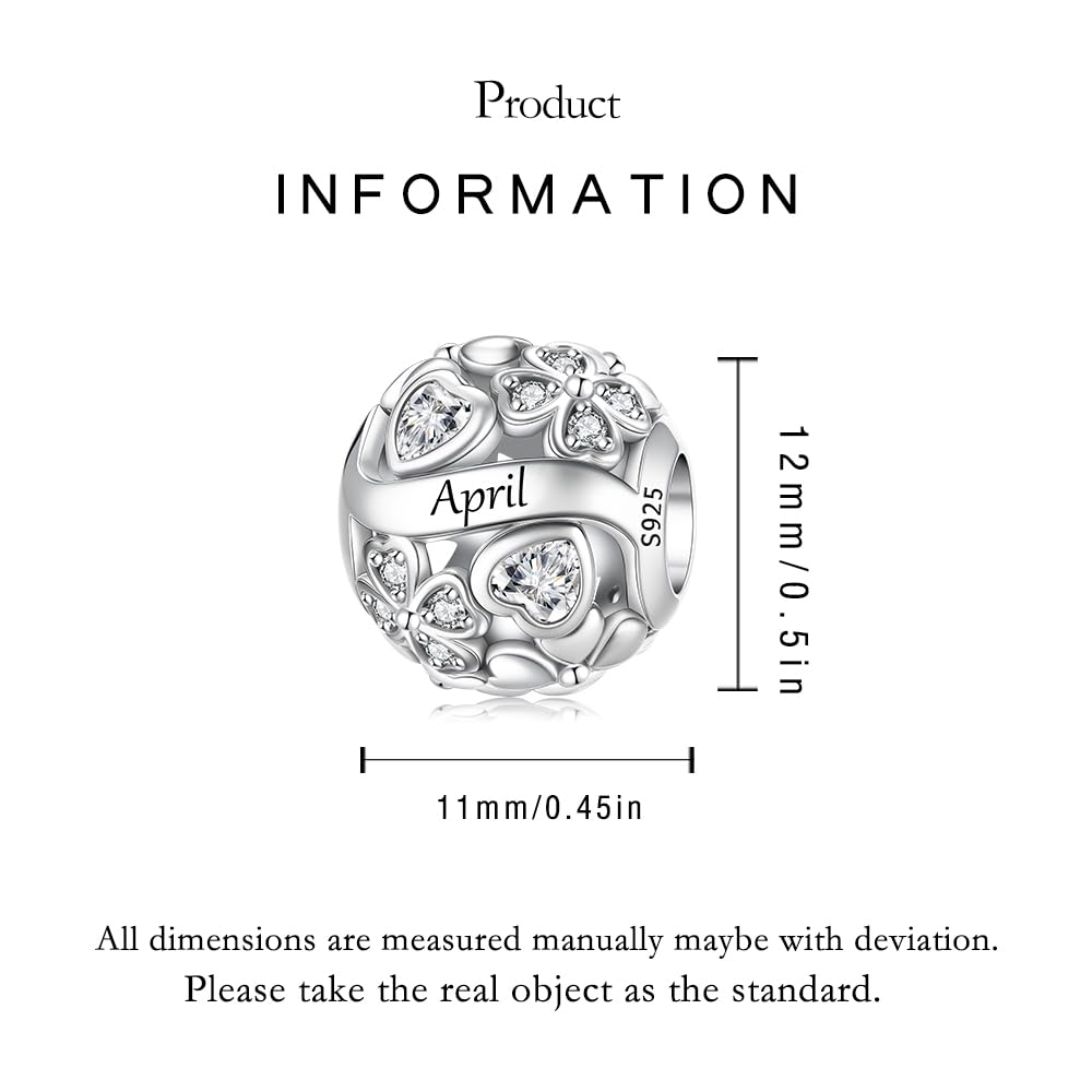 White Smoke 925 Sterling Silver Lucky Clover Birthstone Charms for Bracelets Dangle Pendant with 5A Cubic Zirconia Compatible Pandora Bracelets, Ladies Birthday Gift