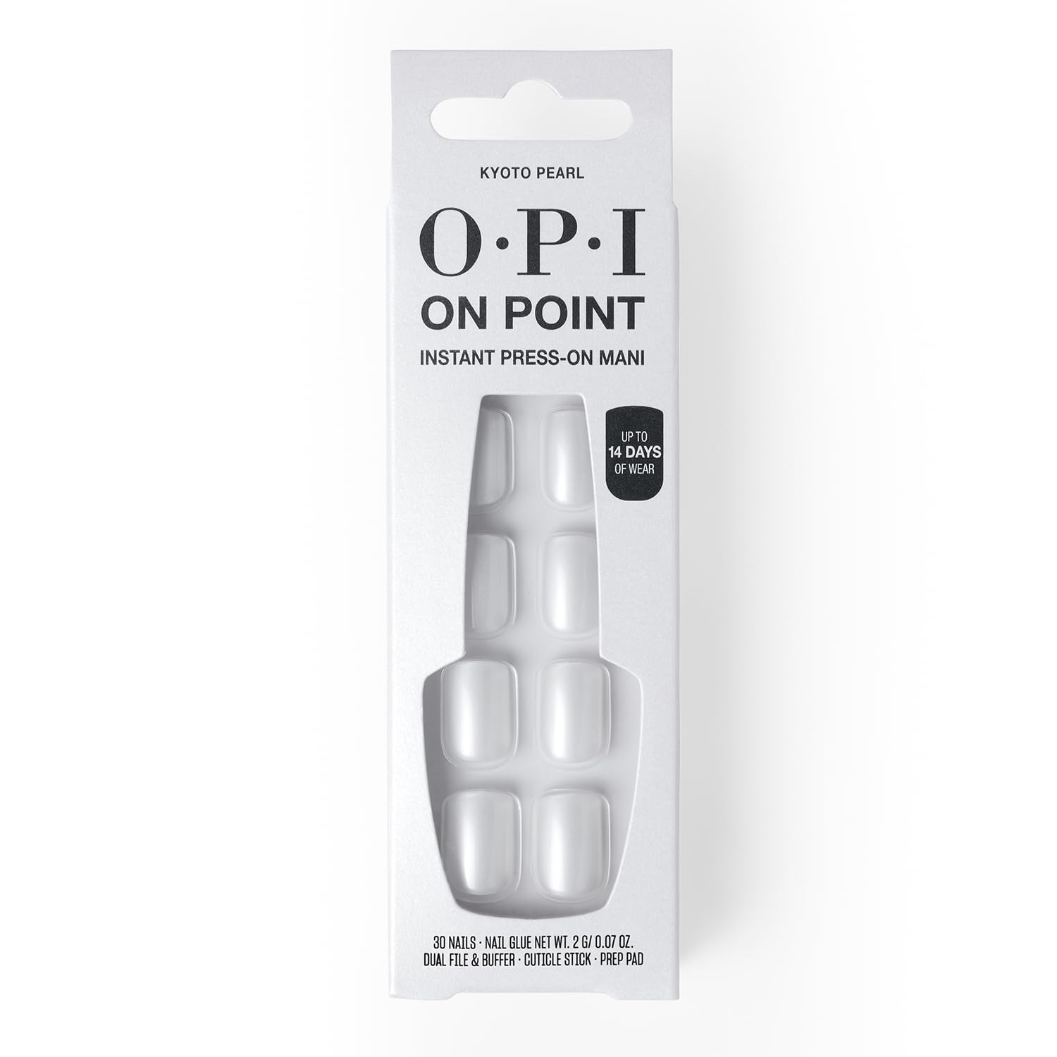 Light Gray OPI On Point Kyoto Pearl | Short Squoval White Shimmer Satin Press On Nails | 30 Count with Nail Glue | Long Lasting, Reusable, Non-damaging