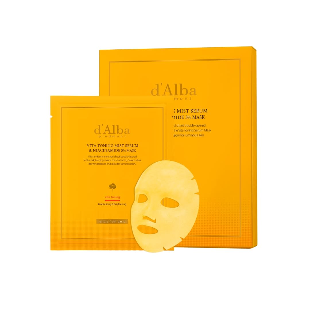 Orange d'alba Piedmont Vita Toning Niacinamide 5% Mask (4 Sheets), Hydrating Face Mask with Vitamin C, Glutathione & White Truffle, Radiance Boosting, Korean Skin Care