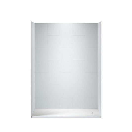 Light Gray WOODBRIDGE 60 in. L x 36 in. W x 75 in. H Alcove Solid Surface Shower Combo Kits with Glue Up Shower Walls in Matte White and Curbless Shower Base with Reversible Drain in White