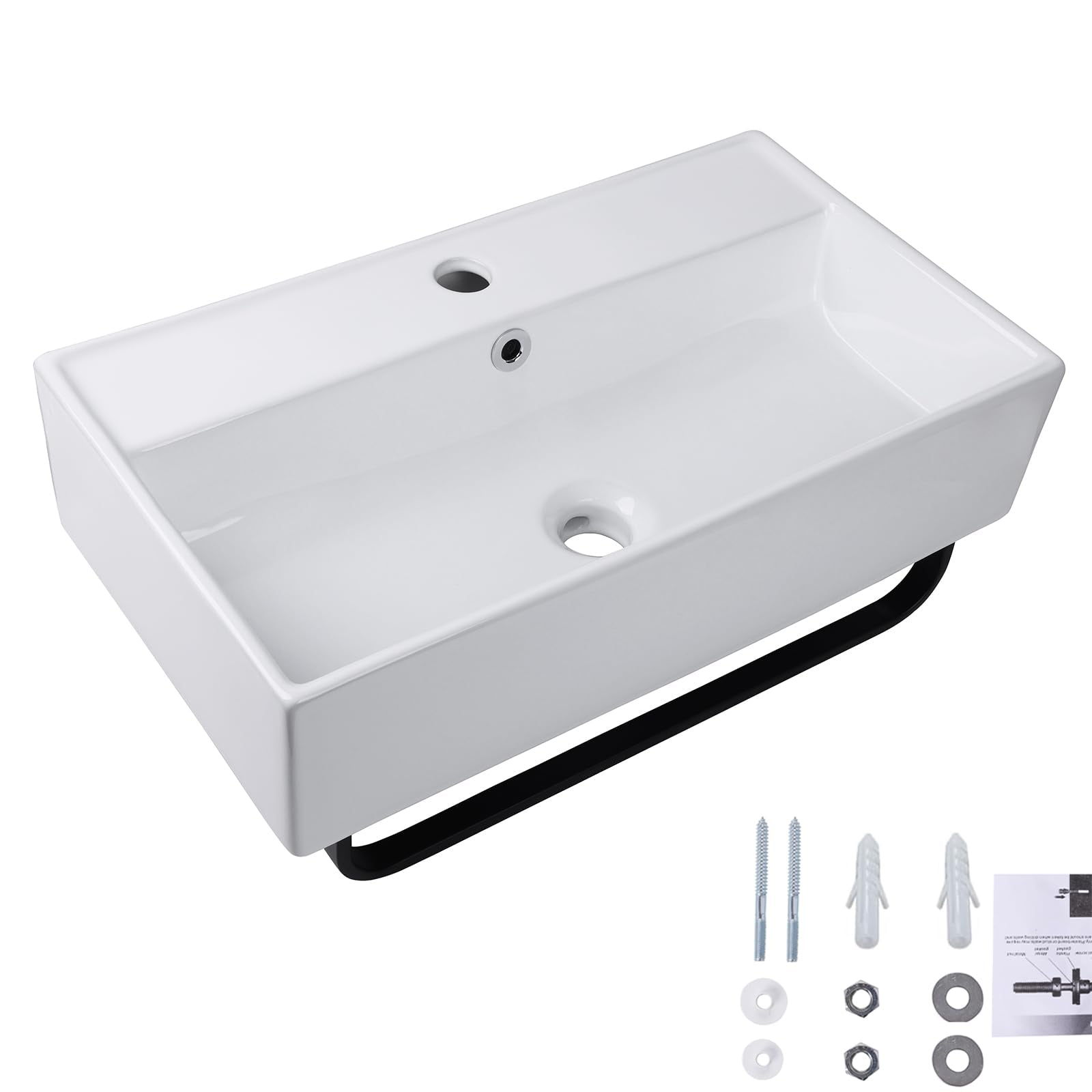 White Smoke Wall Mount Rectangular Vessel Sink with Towel Rack, QISHKA 21.5"x12.5" Modern Ceramic Bathroom Floating Sink, White Rectangle Vanity Sink with Overflow, Wall Hung Wash Hand Basin