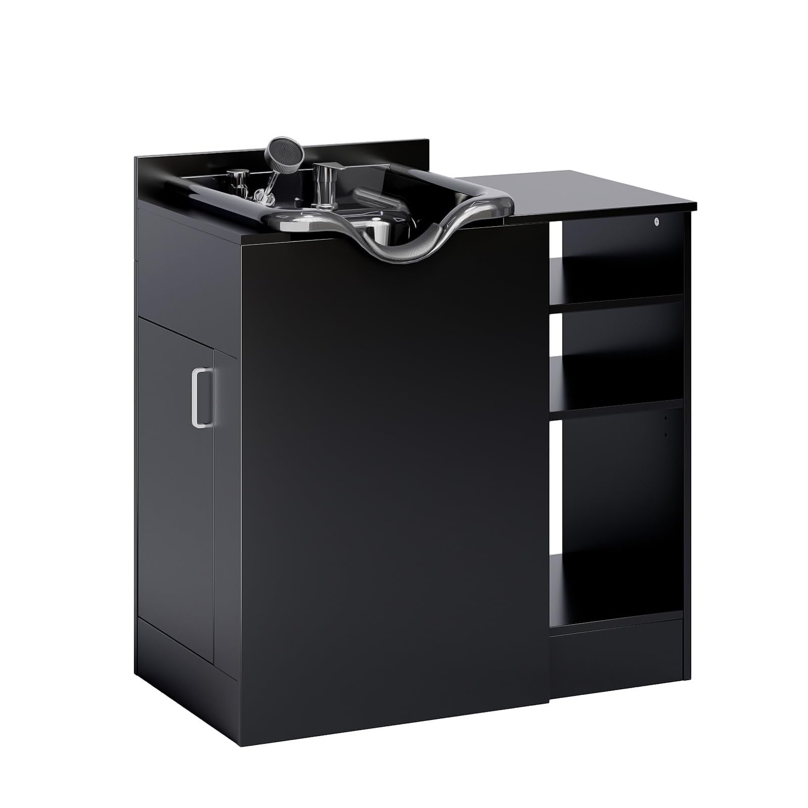 Dark Slate Gray OmySalon Salon Station, Shampoo Bowl with Cabinet, Freestanding Backwash Sink with Adjustable Shelf, UPC Certified Faucet, for Spa Beauty, Barber, Home, Black