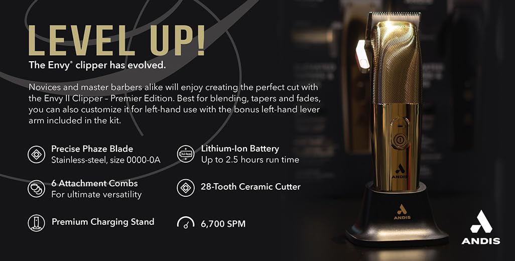 Black Andis Envy II Cordless Clipper Premium Edition, Professional Lithium-ion Electric Beard & Hair Clipper, Phaze Blade, Cordless, Gold