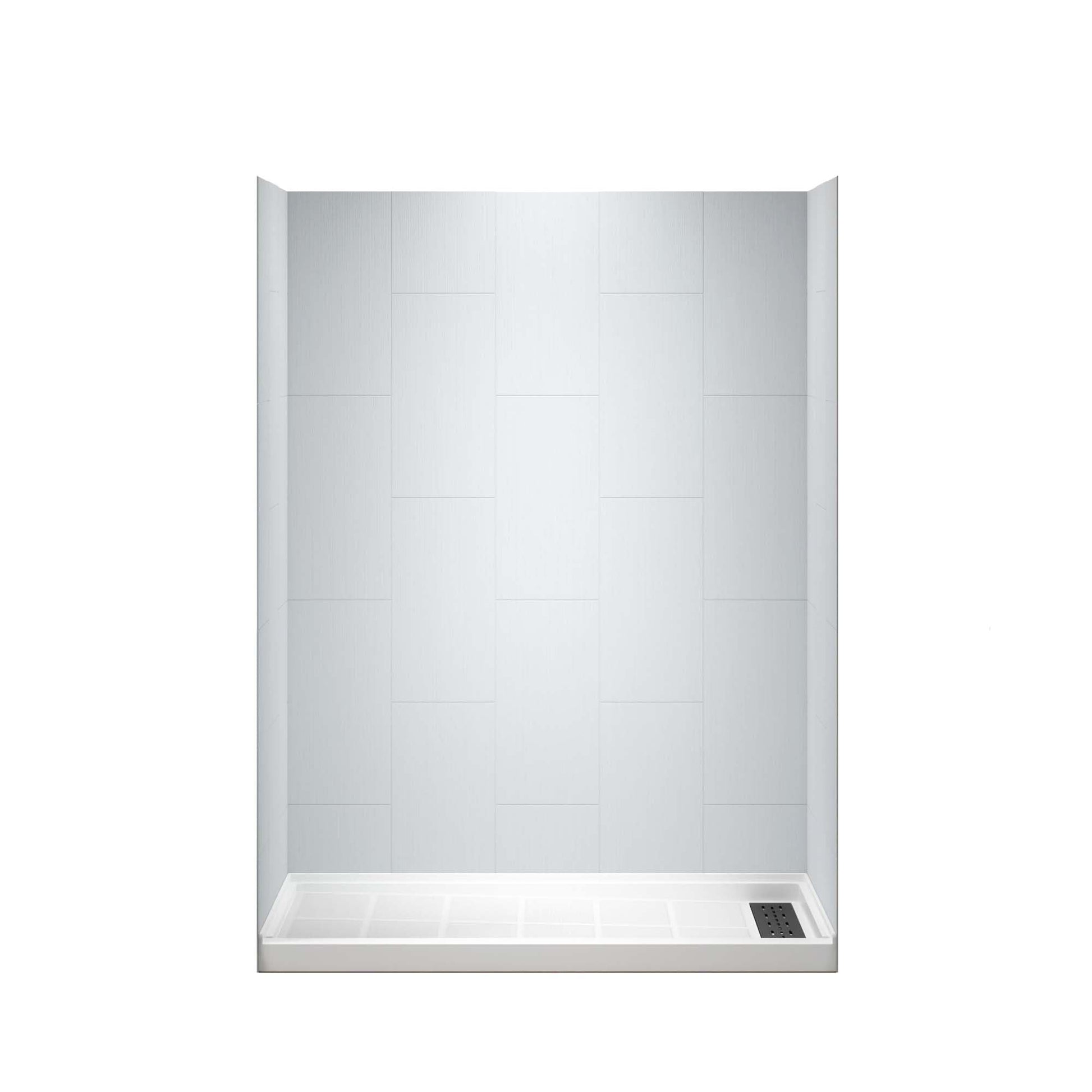 Lavender WOODBRIDGE 60 L x 36 W x 75 H Alcove Solid Surface Shower Combo Kits with Glue Up Shower Walls in Matte White and Single Threshold Shower Base in White with Right Drain and Black Cover