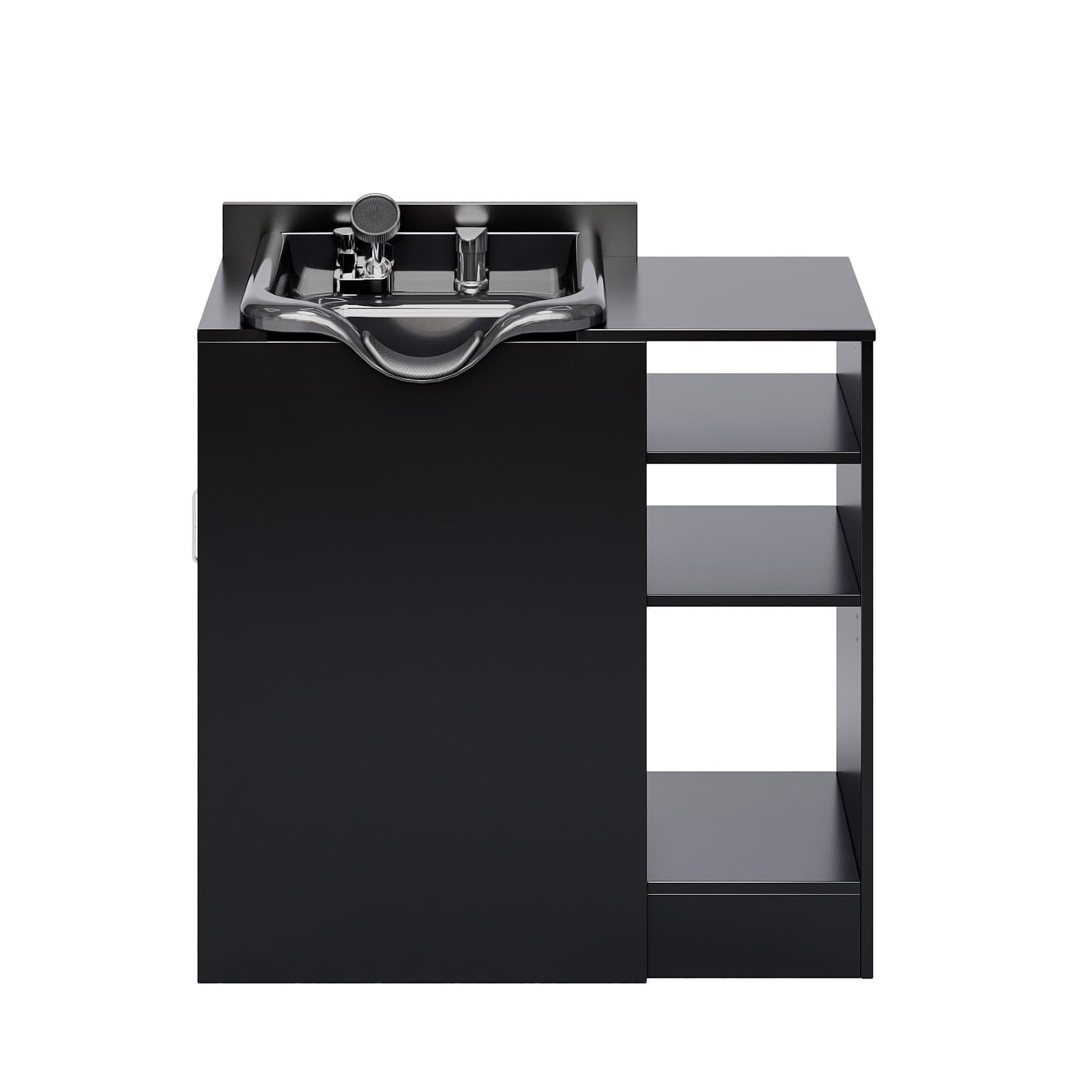 Dark Slate Gray OmySalon Salon Station, Barber Station for Hair Stylist, Storage Cabinet with Shampoo Bowl, Drawer, Backwash Sink, UPC Certified Sprayer Faucet, for Beauty Salon Spa, Black