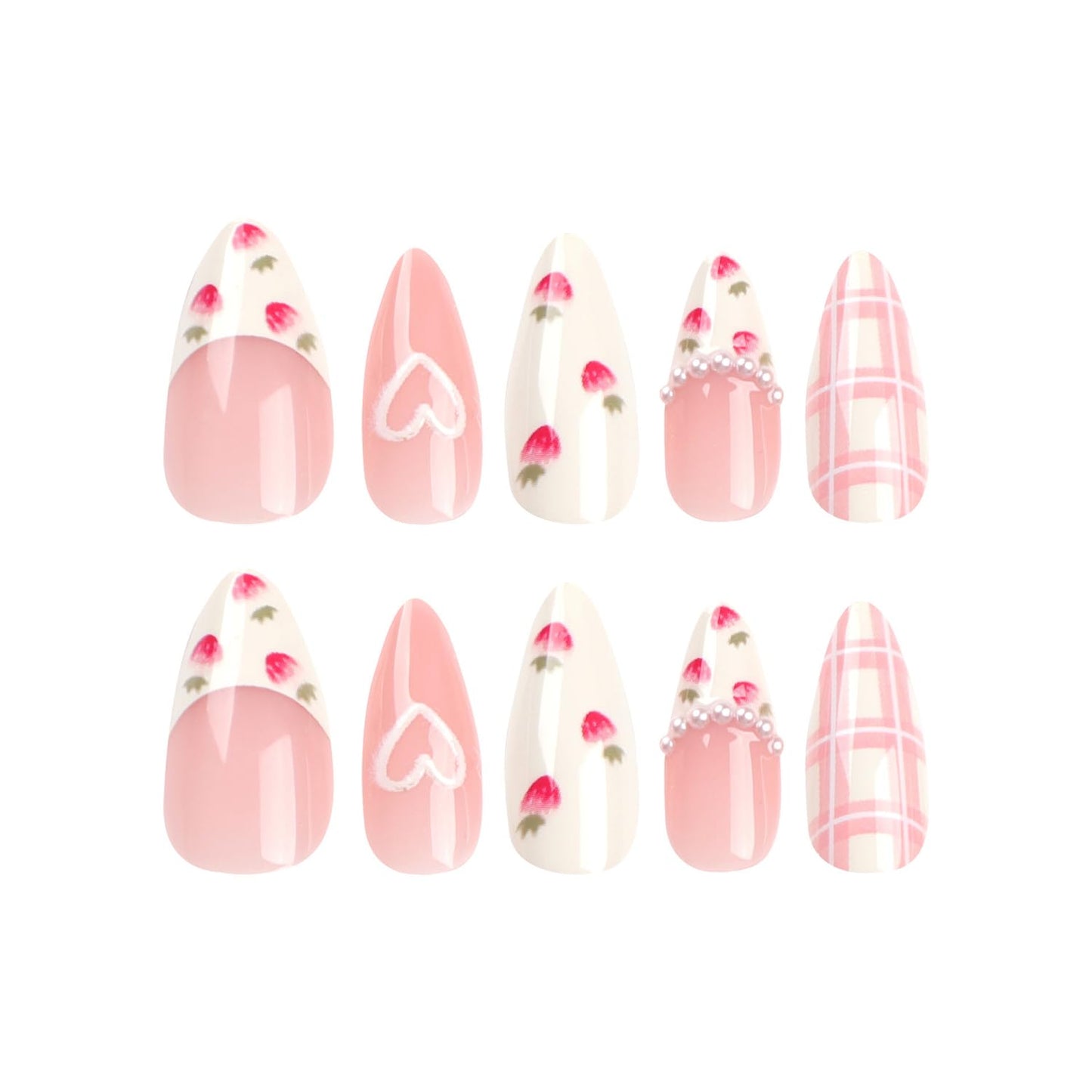White Smoke Press On Alcove - Cute Strawberry 3D Love Heart & Pearl Design False Nails: Medium Almond, Artificial Acrylic, Full Coverage, Reusable Coffin, Glue On Nails for Women
