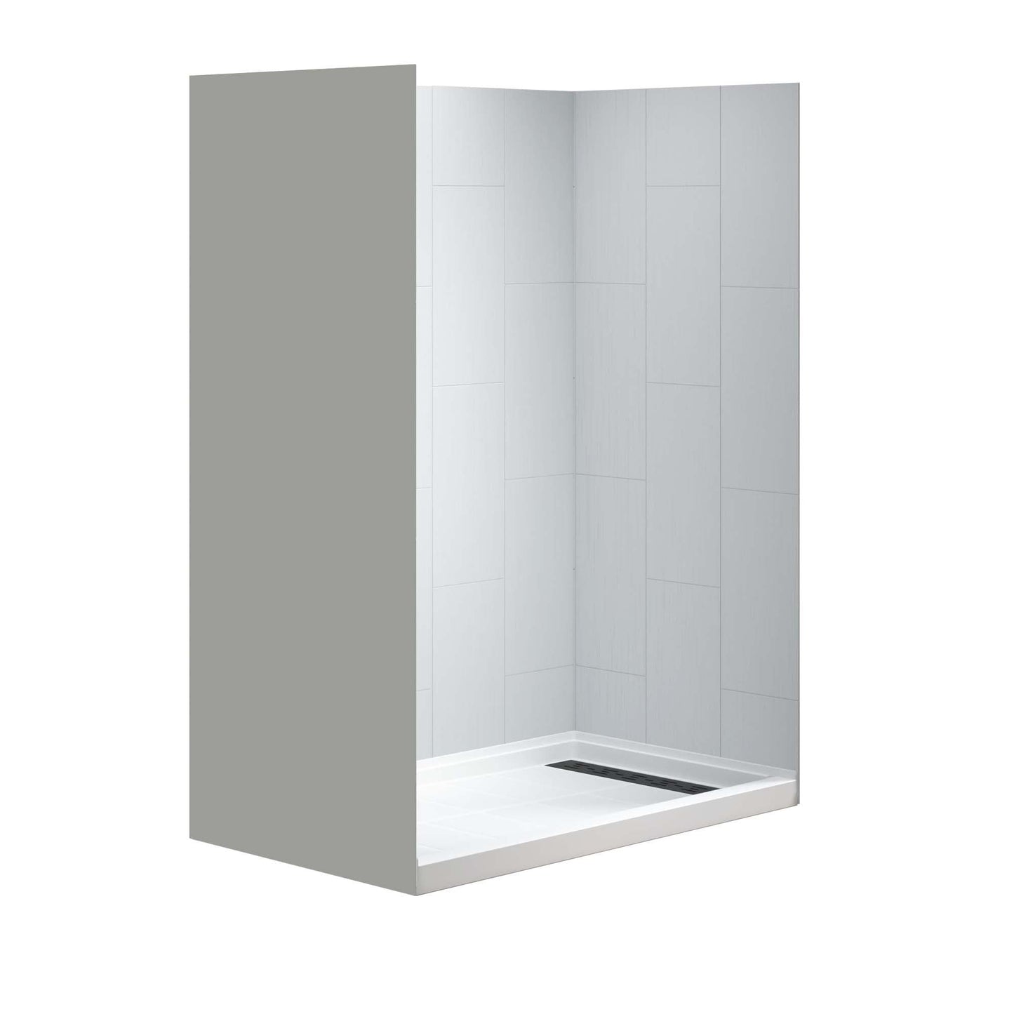 Dark Gray WOODBRIDGE 60 L x 36 W x 75 H Alcove Solid Surface Shower Combo Kits with Glue Up Shower Walls in Matte White and Single Threshold Shower Base in White with Right Drain and Black Cover