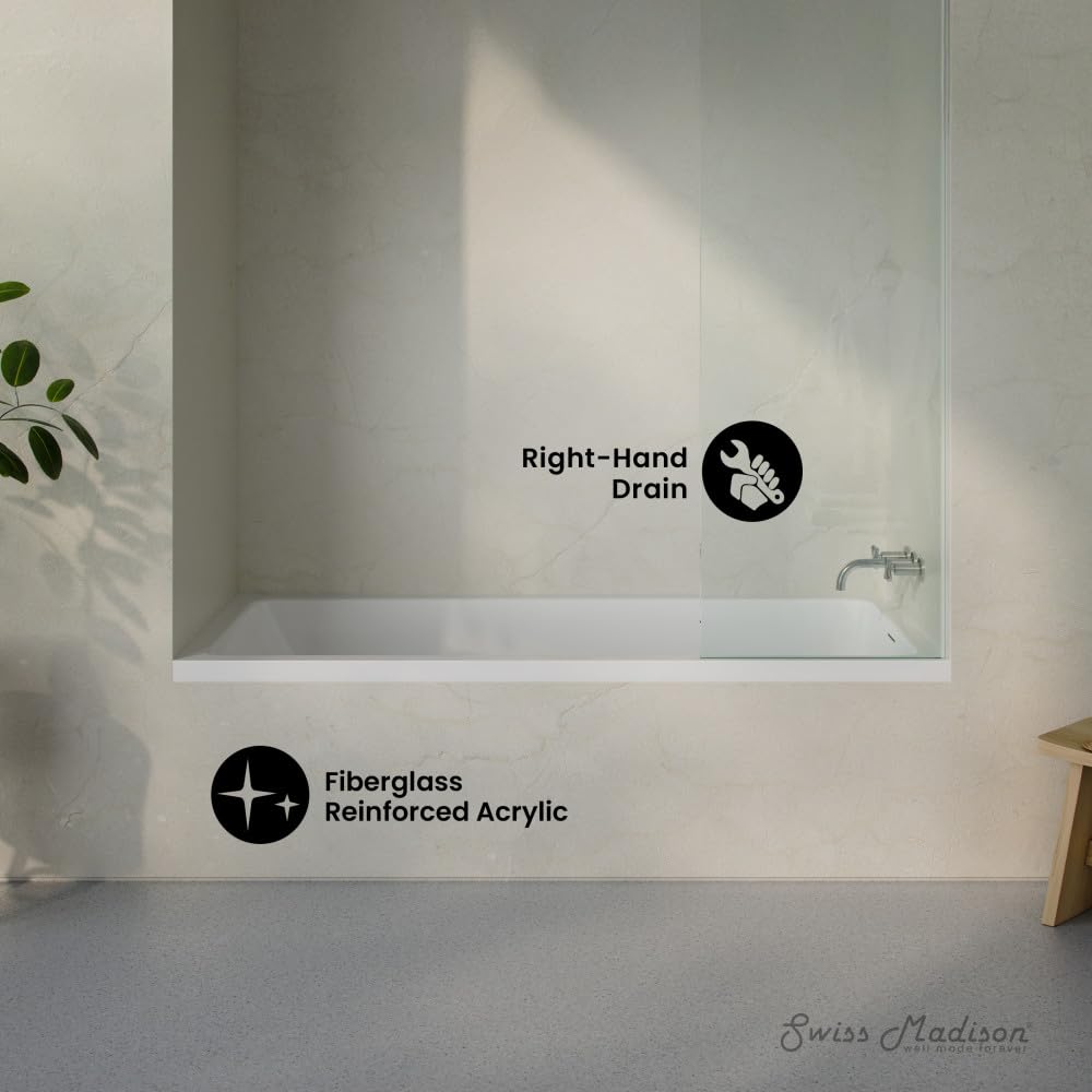 Dark Gray Swiss Madison Voltaire 72 x 36 Right Drain Soaking Alcove Bathtub in Glossy White with Integrated Armrest