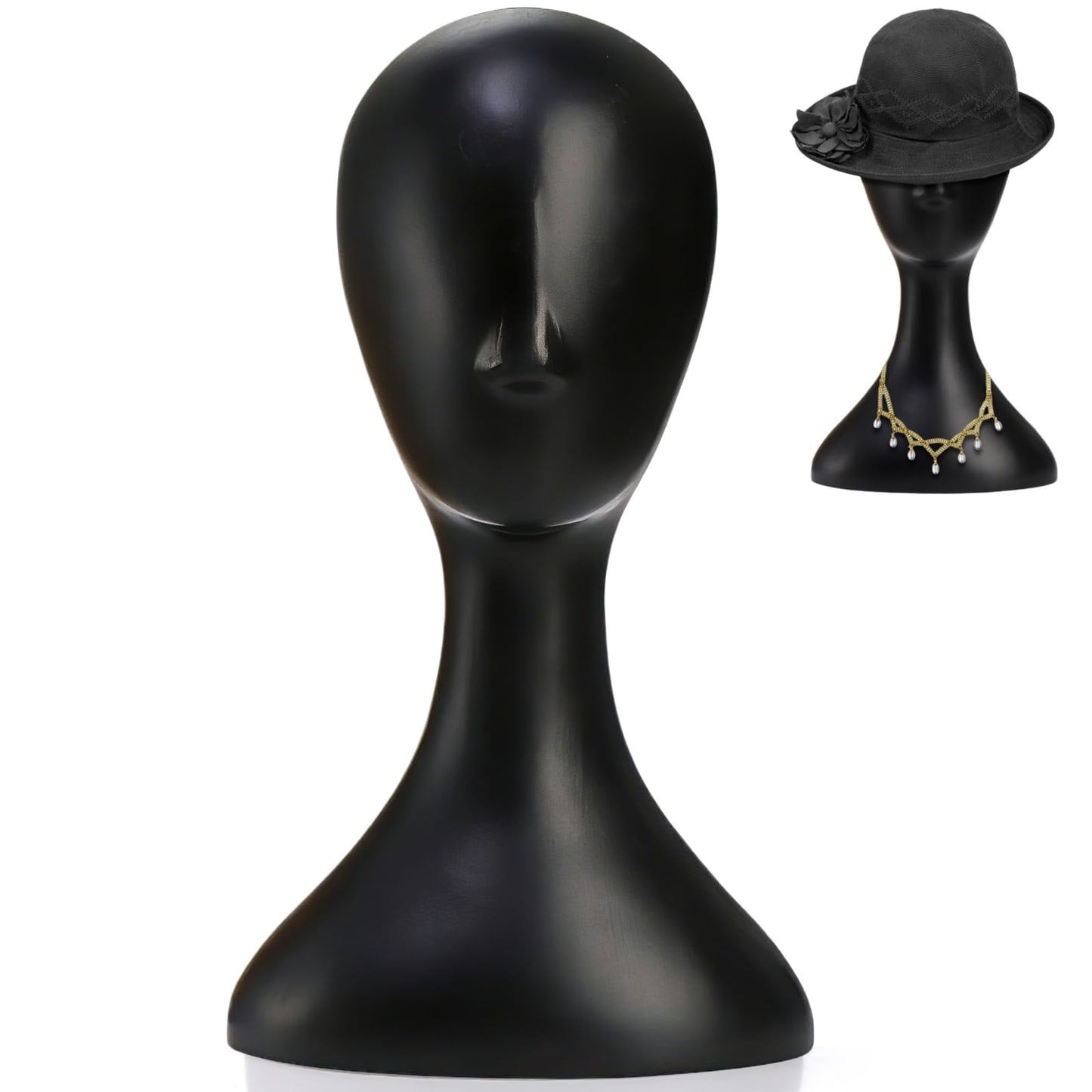 White Smoke Acshio Professional Plastic Mannequin Head, 16 Inch Model Wig Head Stand with Neck for Women Men, Styling Making Display Holder with Jack for Hat, Mask, Headdress, Necklace, Black