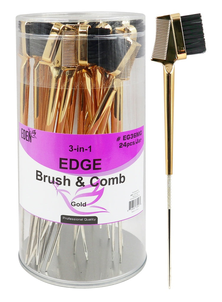 Eden 3-In-1 Edge Brush & Comb #EG36MG Gold (24 pcs/Jar) -Jar