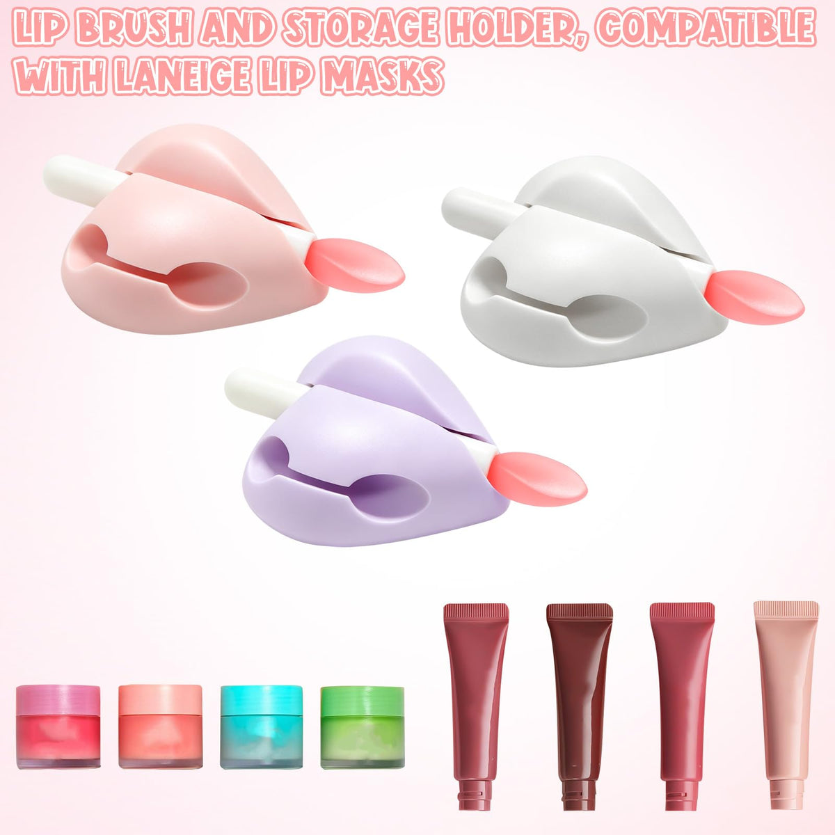 White Smoke 3Pcs Lip Brush Holder Silicone Mask Applicator with Holers & Spatulas, Reusable Protective Organizer for Laneige Lip Balm, Makeup Spatula Sleeve Cover, White Pink Purple