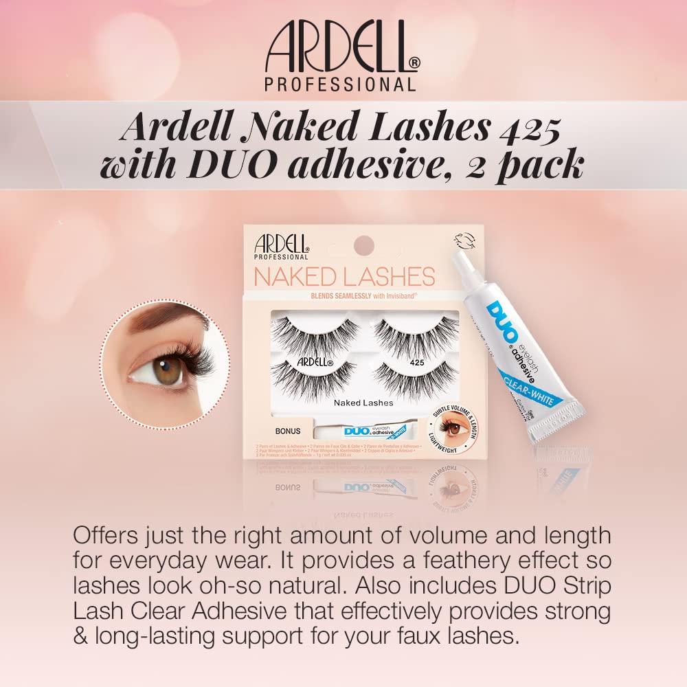 Wheat Ardell Naked Lashes 425, 2 Pairs, with 1g Duo Pipette Clear-White Adhesive, Subtle Volume & Length, 1 Set