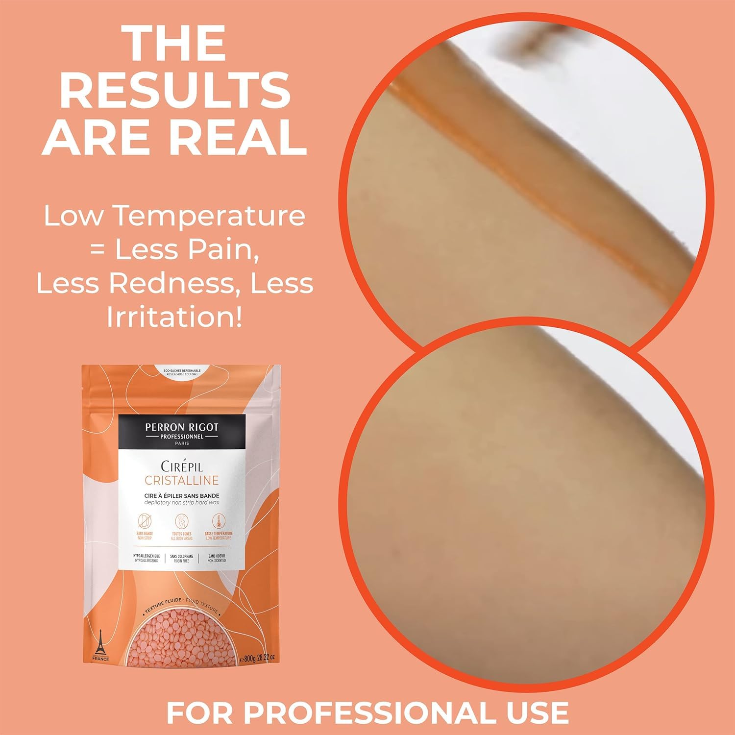 Dark Salmon Cirepil - Cristalline - 800g / 28.22 oz Hard Wax Beads Bag - Unscented & Rosin-Free, Micro-Crystalline Formula for Highly Sensitive Skin - Clear Gel Stripless Hair Removal for Face & Body, Low-Temp