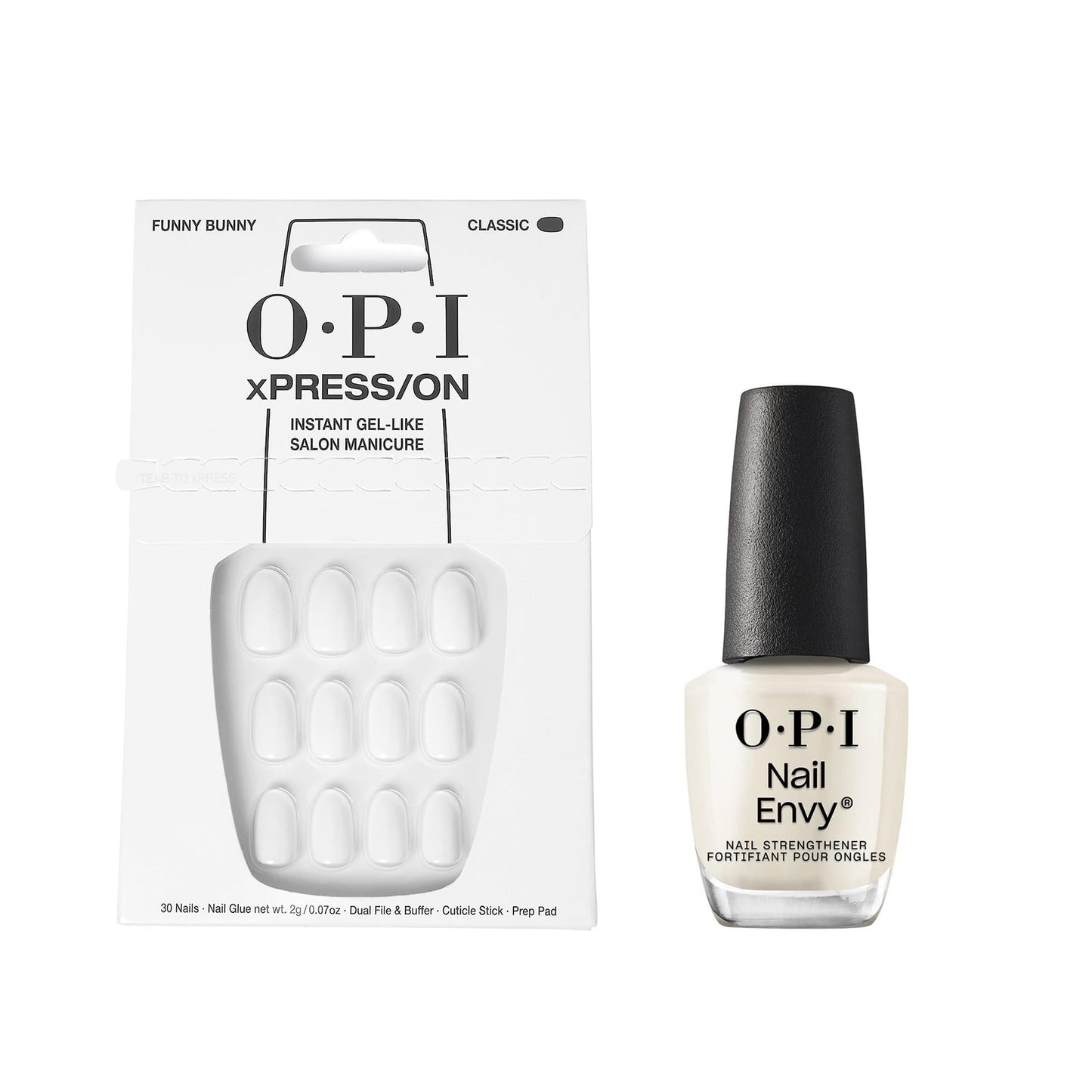 White Smoke Bundle of OPI xPress/On Press On Nails, With Nail Glue, Short White Nails, Funny Bunny + OPI Nail Envy, Nail Strengthening Treatment, Stronger Nails in 1 Week, Vegan Formula, 0.5 fl oz