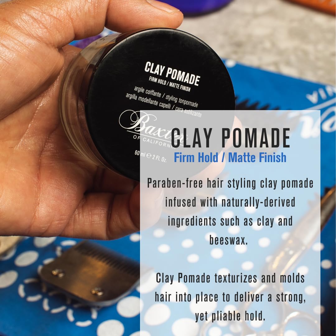 Light Gray Baxter of California Clay Pomade, Strong Hold Matte Hair Clay for Men, Texturizing & Thickening Pomade for Natural Definition and All-Day Control, 2 Ounce