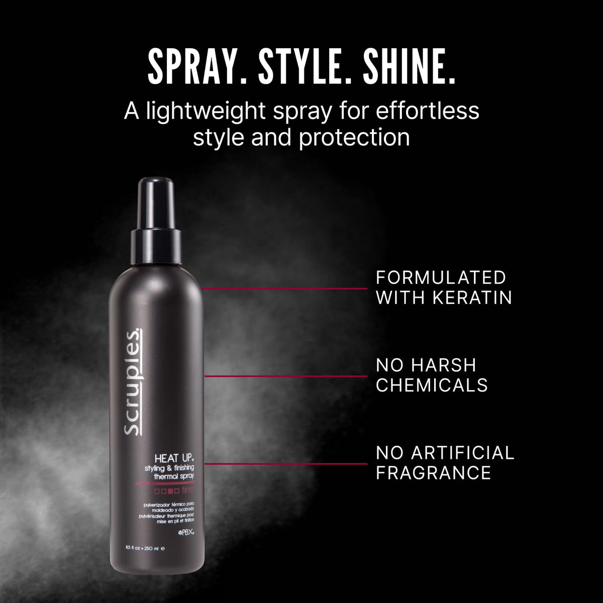 Black Scruples Heat Up Styling Spray - Hair Heat Protectant with Control, Hold and Texture - Lightweight, Water Soluble Formula (8.5 oz)